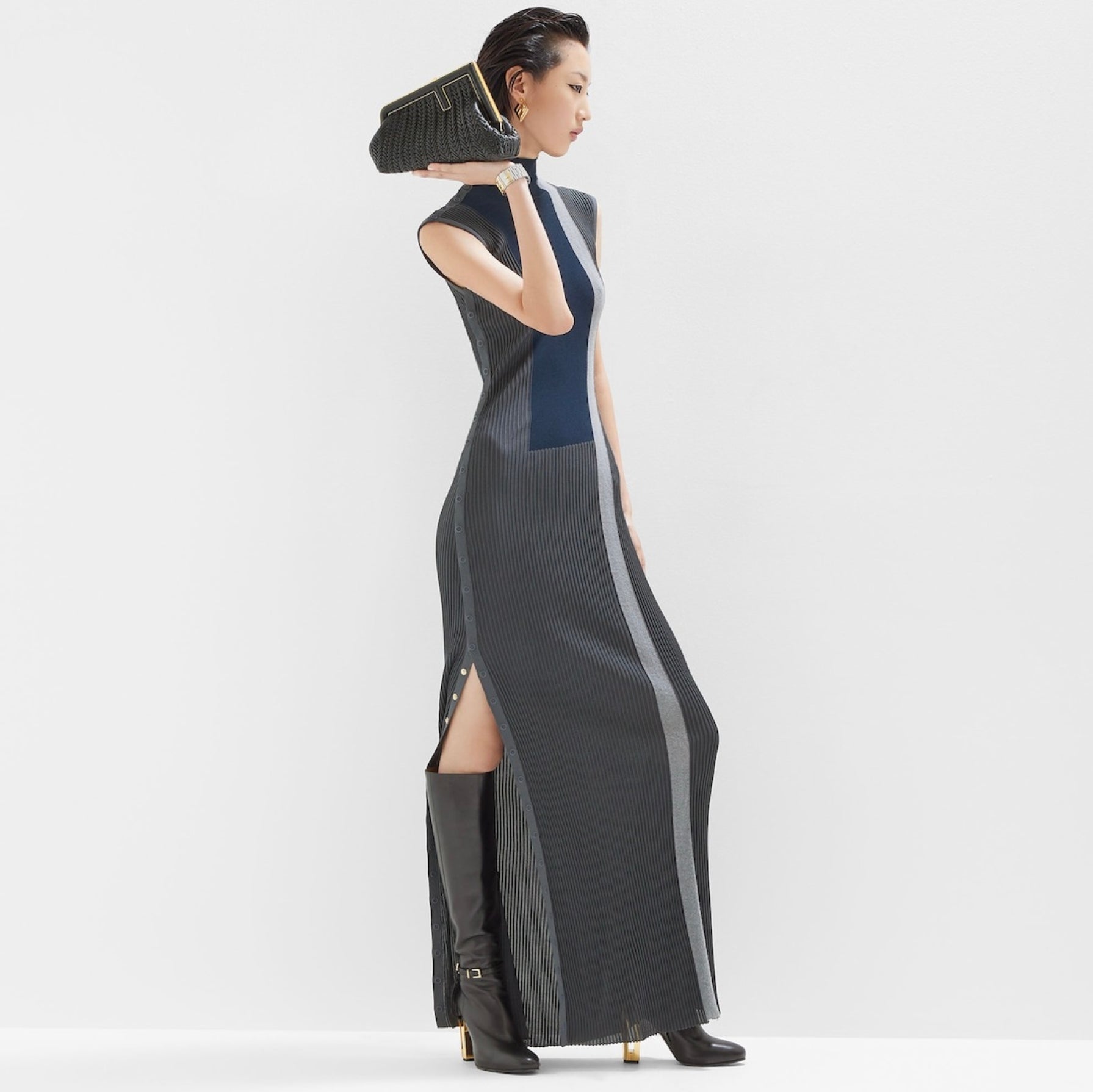 FENDI フェンディ / 23AW シルク ハイネック リブニット ノースリーブ マキシ丈ドレス ワンピース / FZDB58 A0EP / size 40 (NAVY) レディース