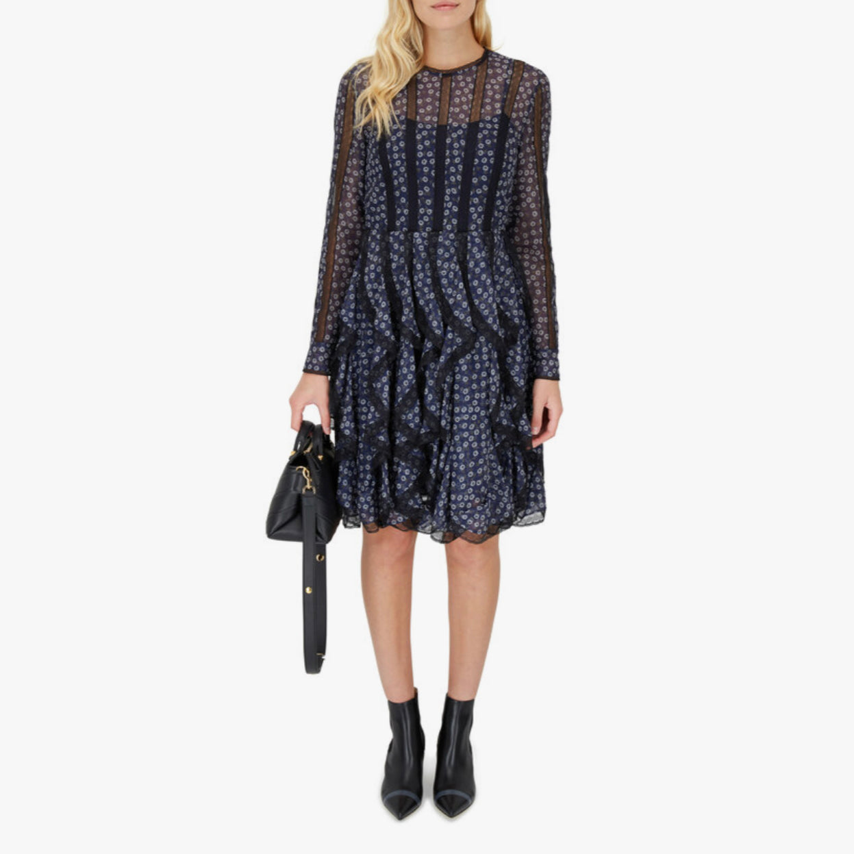 FENDI フェンディ / 19AW 美品 シルクレース インセット 花柄 ワンピース / フリル 長袖ドレス / FDA548 A8E6 / size 40 (NAVY) レディース
