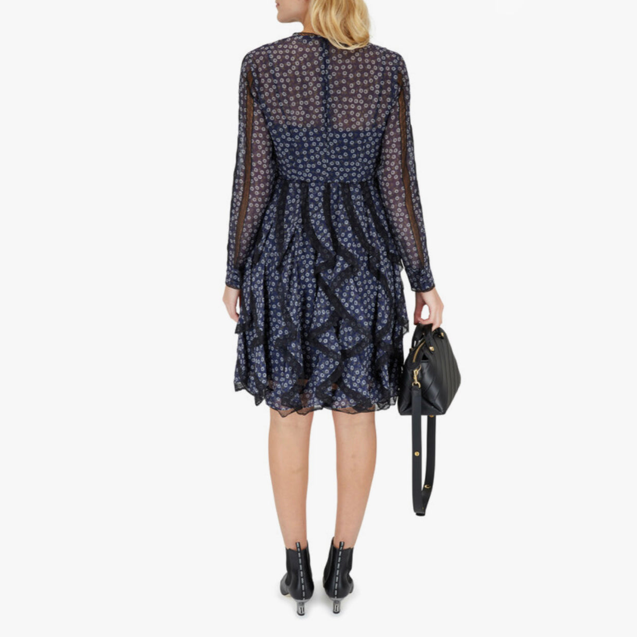 FENDI フェンディ / 19AW 美品 シルクレース インセット 花柄 ワンピース / フリル 長袖ドレス / FDA548 A8E6 / size 40 (NAVY) レディース