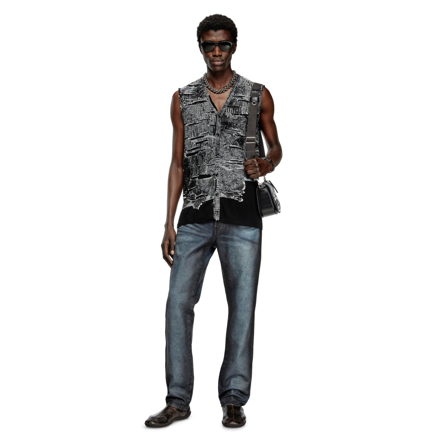 DIESEL ディーゼル / 美品 25SS K-Callisto Vest ダメージ加工 ニット ベスト / size M  (BLACK)