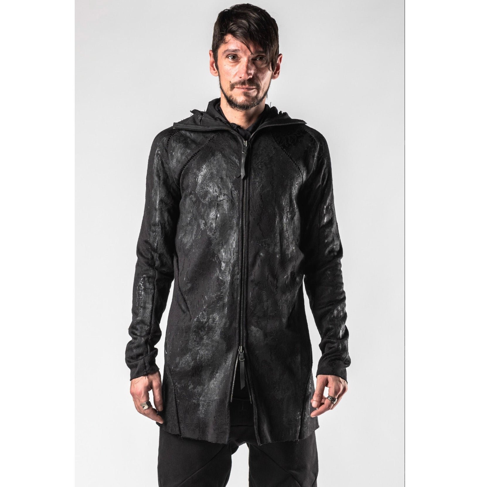 Leon Emanuel Blanck レオン エマニュエル ブランク / 美品 Forced Perspective Ninja Hoodie コーティング ロング パーカー / FP-M-HO-Z-01 / size 46 (BLACK)