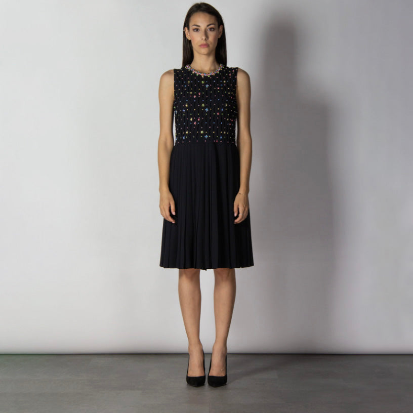 RED VALENTINO レッド ヴァレンティノ / 美品 19AW プリーツ シフォン ジュエル ドレス ワンピース / SR3VA03G 4CB / size 40 (BLACK) レディース