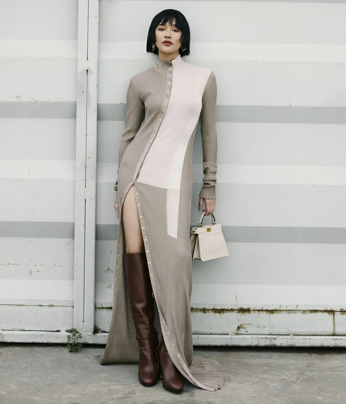 FENDI フェンディ / 美品 2018 カラーブロックモチーフ シルクニット マキシ丈 ワンピース / size 38 (BEIGE)