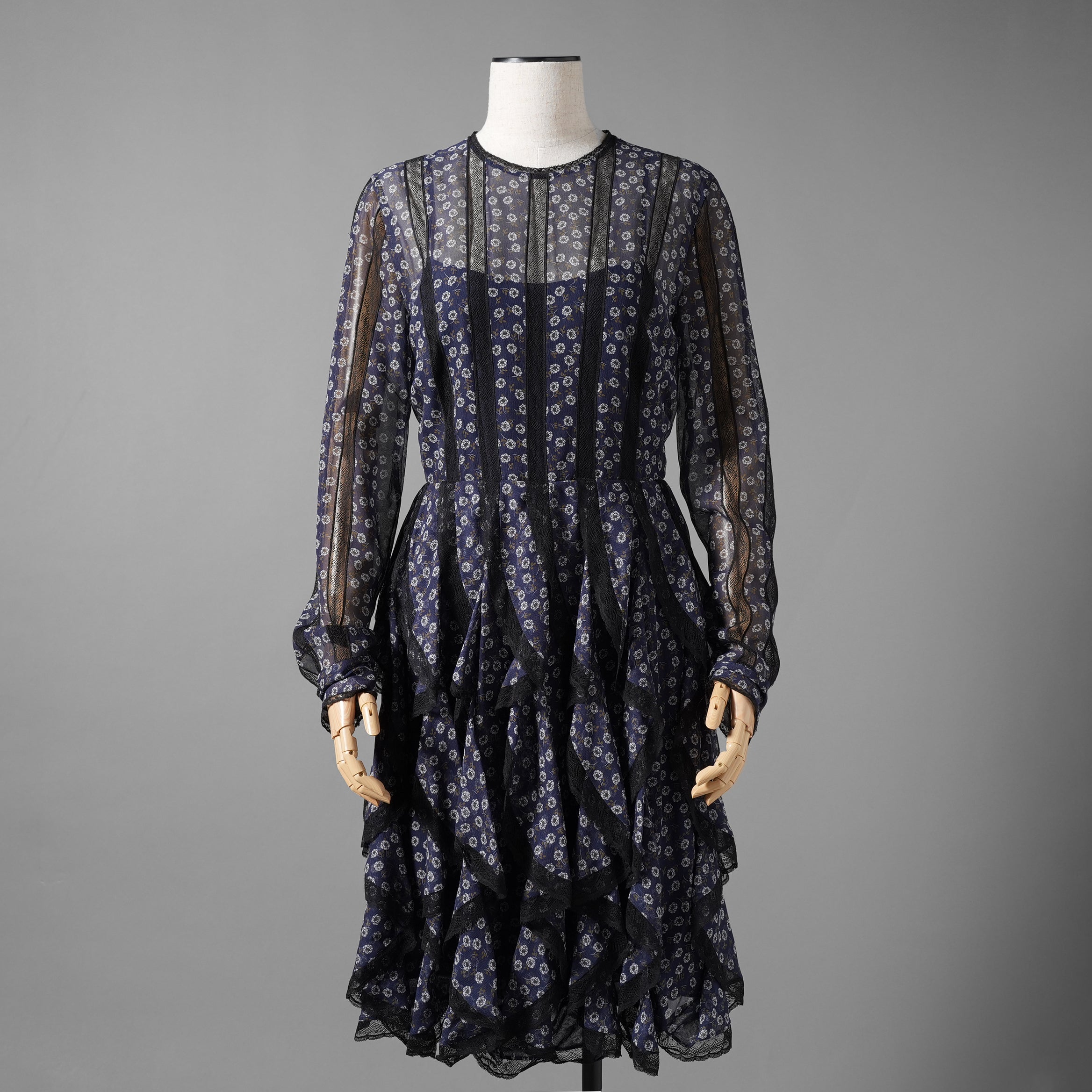 FENDI フェンディ / 19AW 美品 シルクレース インセット 花柄 ワンピース / フリル 長袖ドレス / FDA548 A8E6 / size 40 (NAVY) レディース