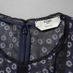 FENDI フェンディ / 19AW 美品 シルクレース インセット 花柄 ワンピース / フリル 長袖ドレス / FDA548 A8E6 / size 40 (NAVY) レディース