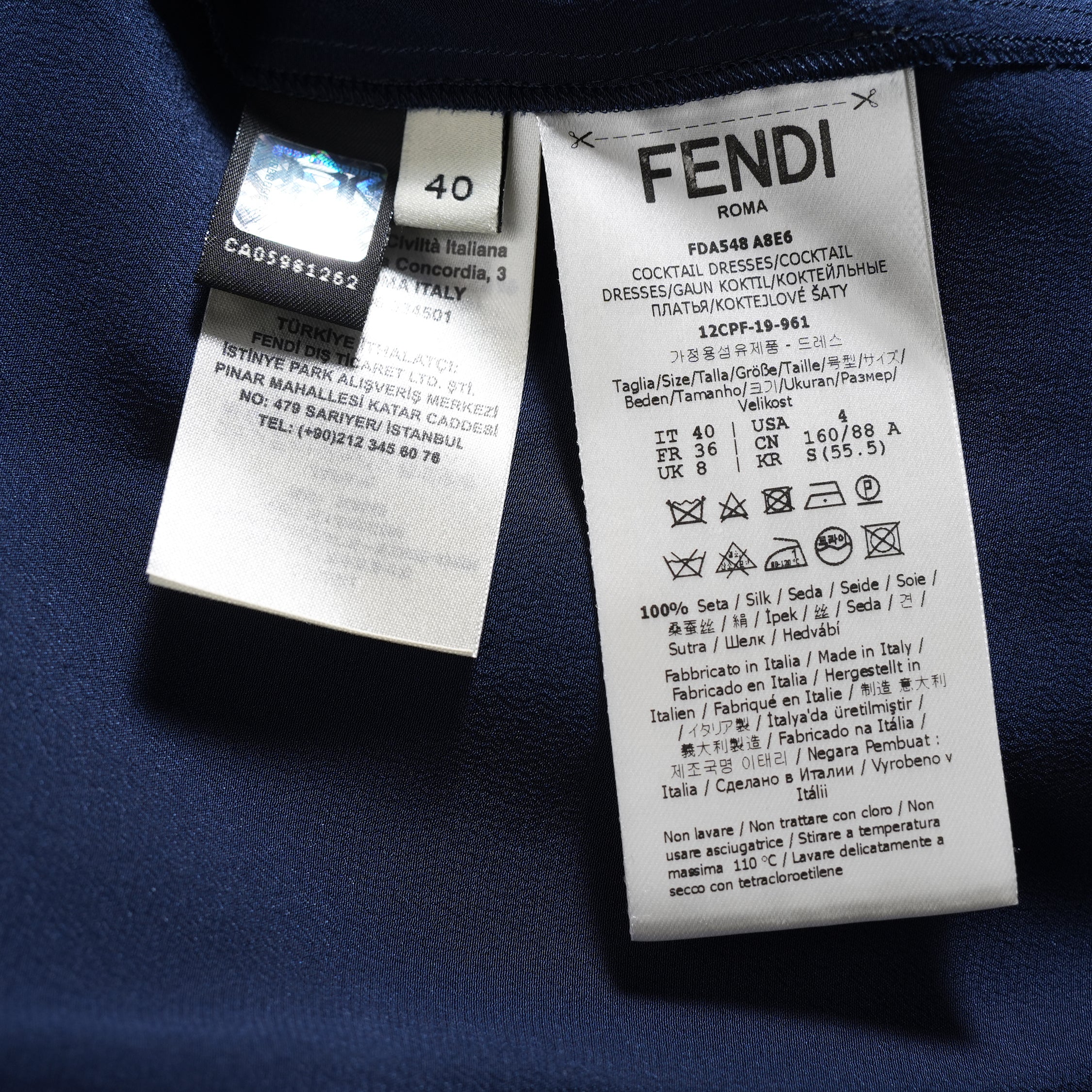 FENDI フェンディ / 19AW 美品 シルクレース インセット 花柄 ワンピース / フリル 長袖ドレス / FDA548 A8E6 / size 40 (NAVY) レディース
