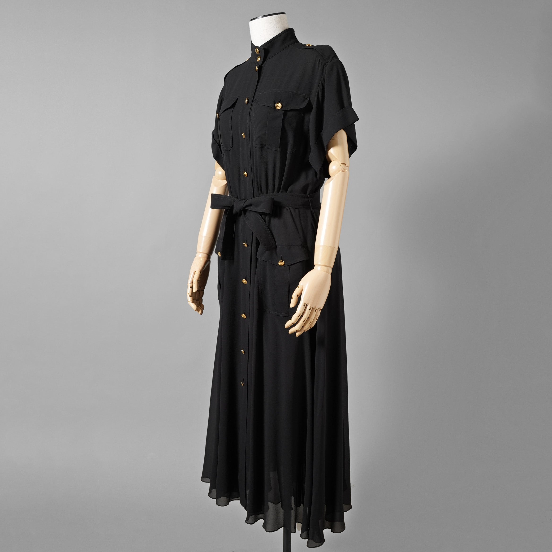 新品 CELINE セリーヌ / 23SS サファリドレス シルクジョーゼット / ロングワンピース / 2R24C856C / size 38 (BLACK) レディース