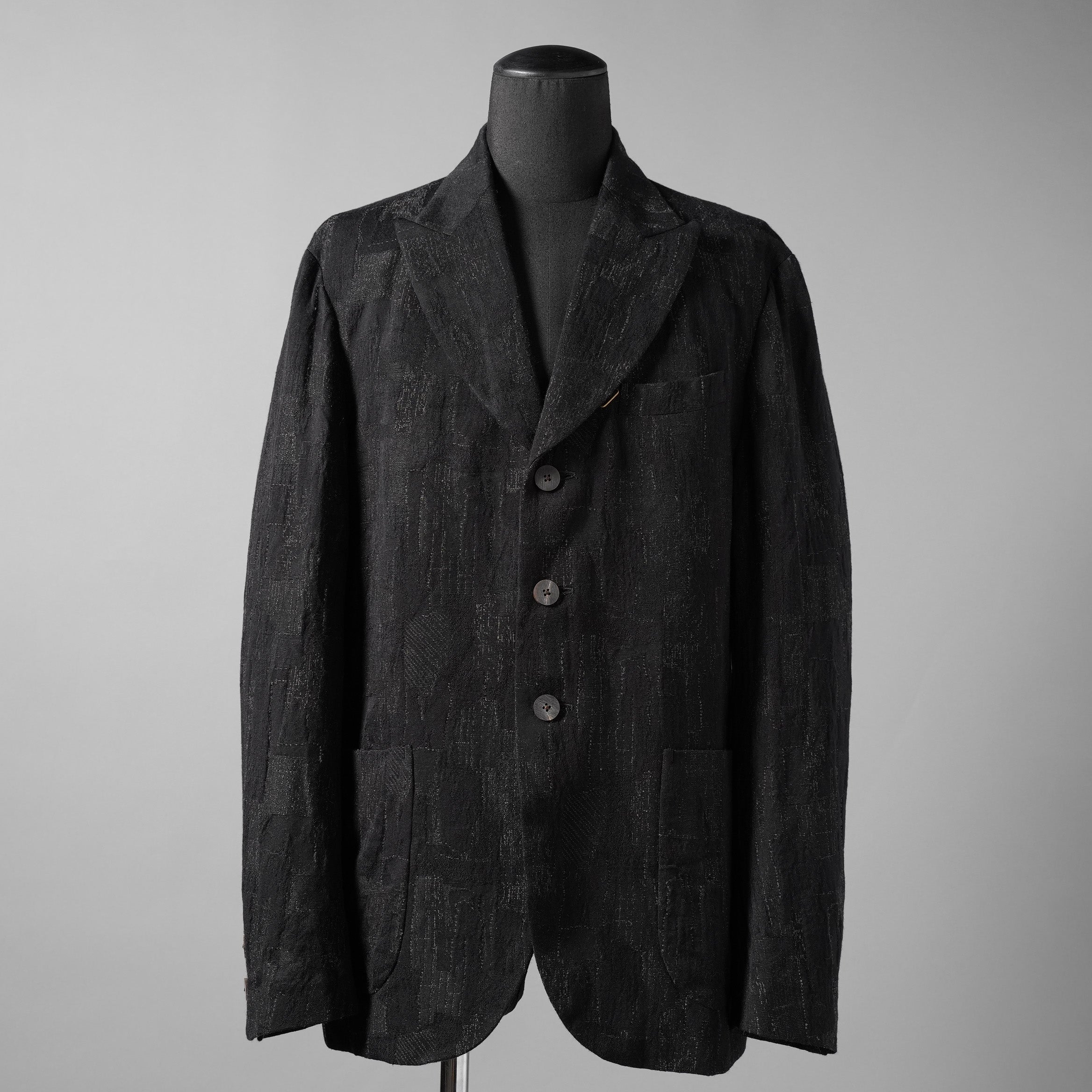 Calmlence カームレンス / 24AW JACKET010 Peaked Lapel Sack Coat Patchwork Jacquard Cloth. Black. Collection 003. サックコート  / JACKET010 / size 3 (BLACK) ジャケット ブレザー