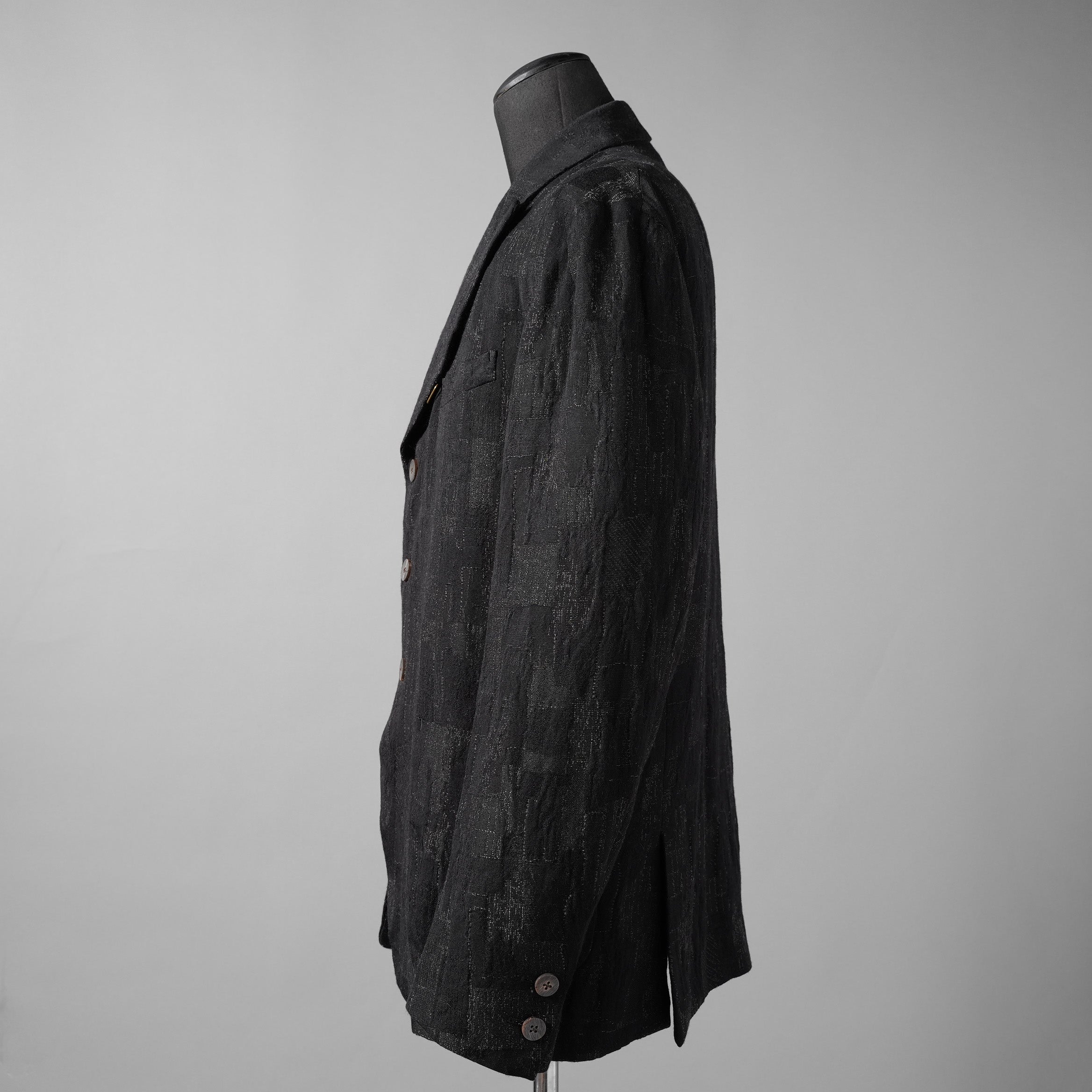 Calmlence カームレンス / 24AW JACKET010 Peaked Lapel Sack Coat Patchwork Jacquard Cloth. Black. Collection 003. サックコート  / JACKET010 / size 3 (BLACK) ジャケット ブレザー