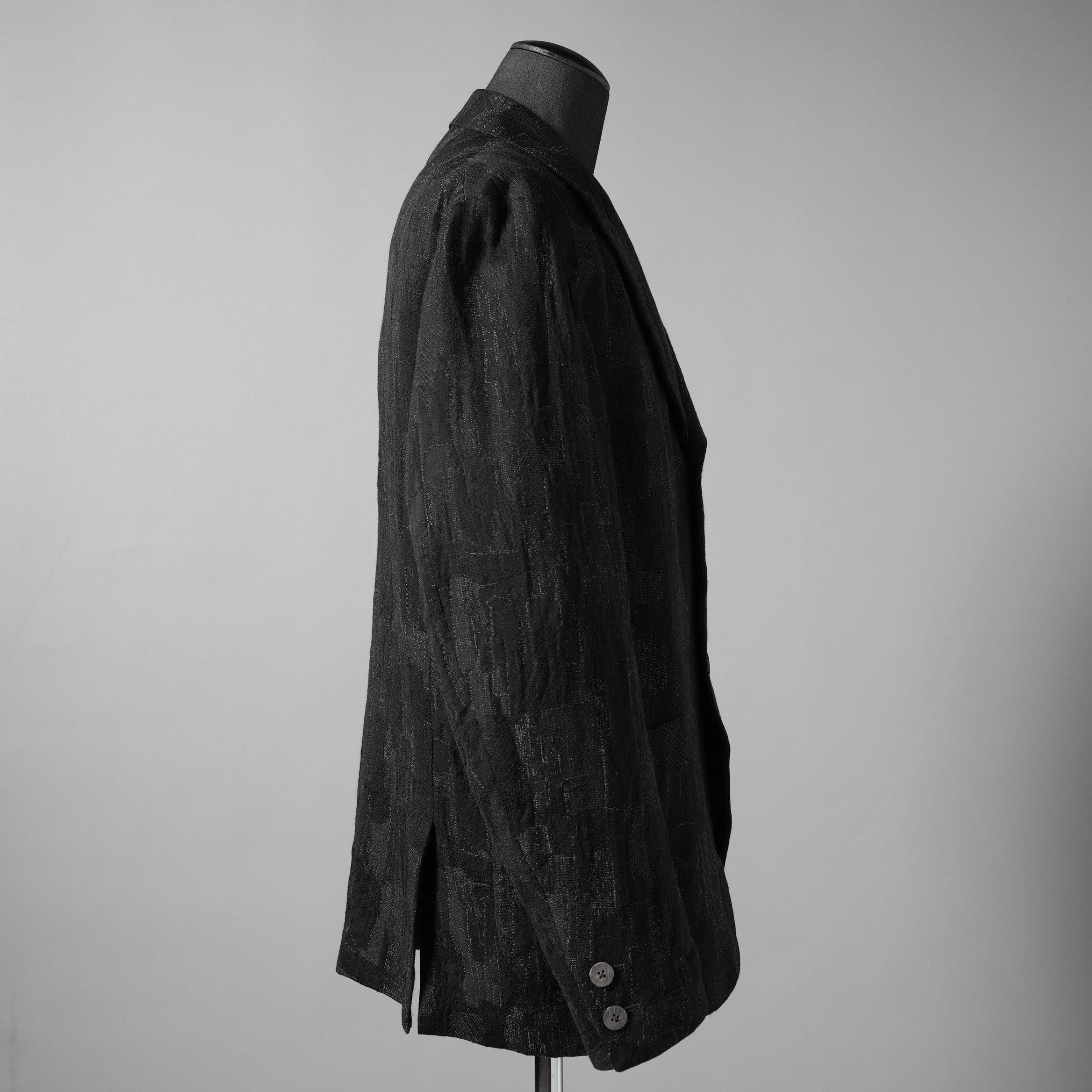 Calmlence カームレンス / 24AW JACKET010 Peaked Lapel Sack Coat Patchwork Jacquard Cloth. Black. Collection 003. サックコート  / JACKET010 / size 3 (BLACK) ジャケット ブレザー