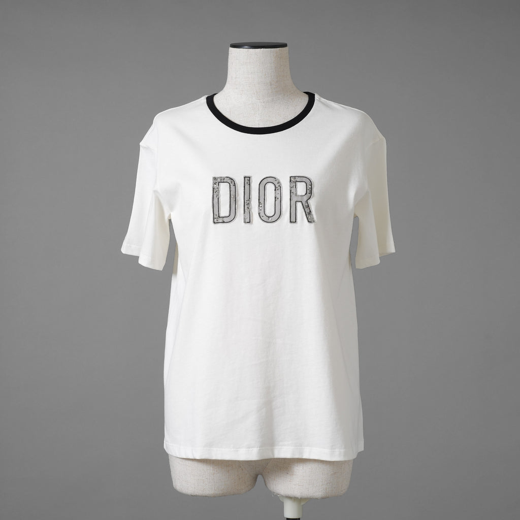 未使用 CHRISTIAN DIOR クリスチャンディオール / 20AW ビジュー レースロゴ 半袖Tシャツ / 1WBM13TEED01313 / size 12＋ (WHITE) レディース