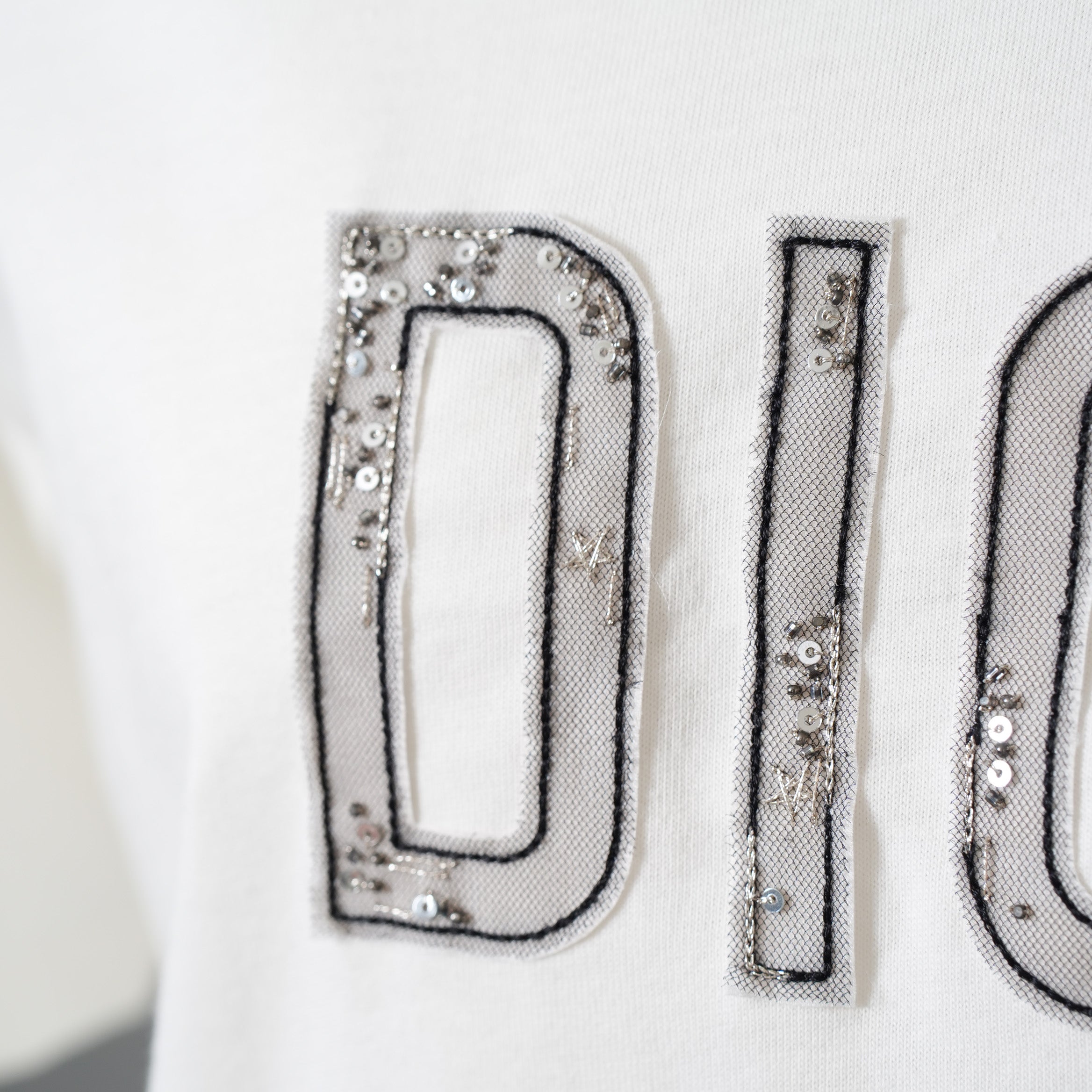 未使用 CHRISTIAN DIOR クリスチャンディオール / 20AW ビジュー レースロゴ 半袖Tシャツ / 1WBM13TEED01313 / size 12＋ (WHITE) レディース