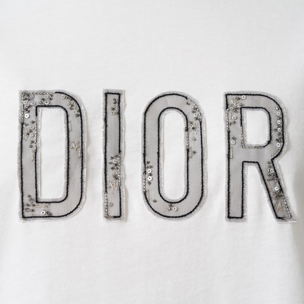 未使用 CHRISTIAN DIOR クリスチャンディオール / 20AW ビジュー レースロゴ 半袖Tシャツ / 1WBM13TEED01313 / size 12＋ (WHITE) レディース