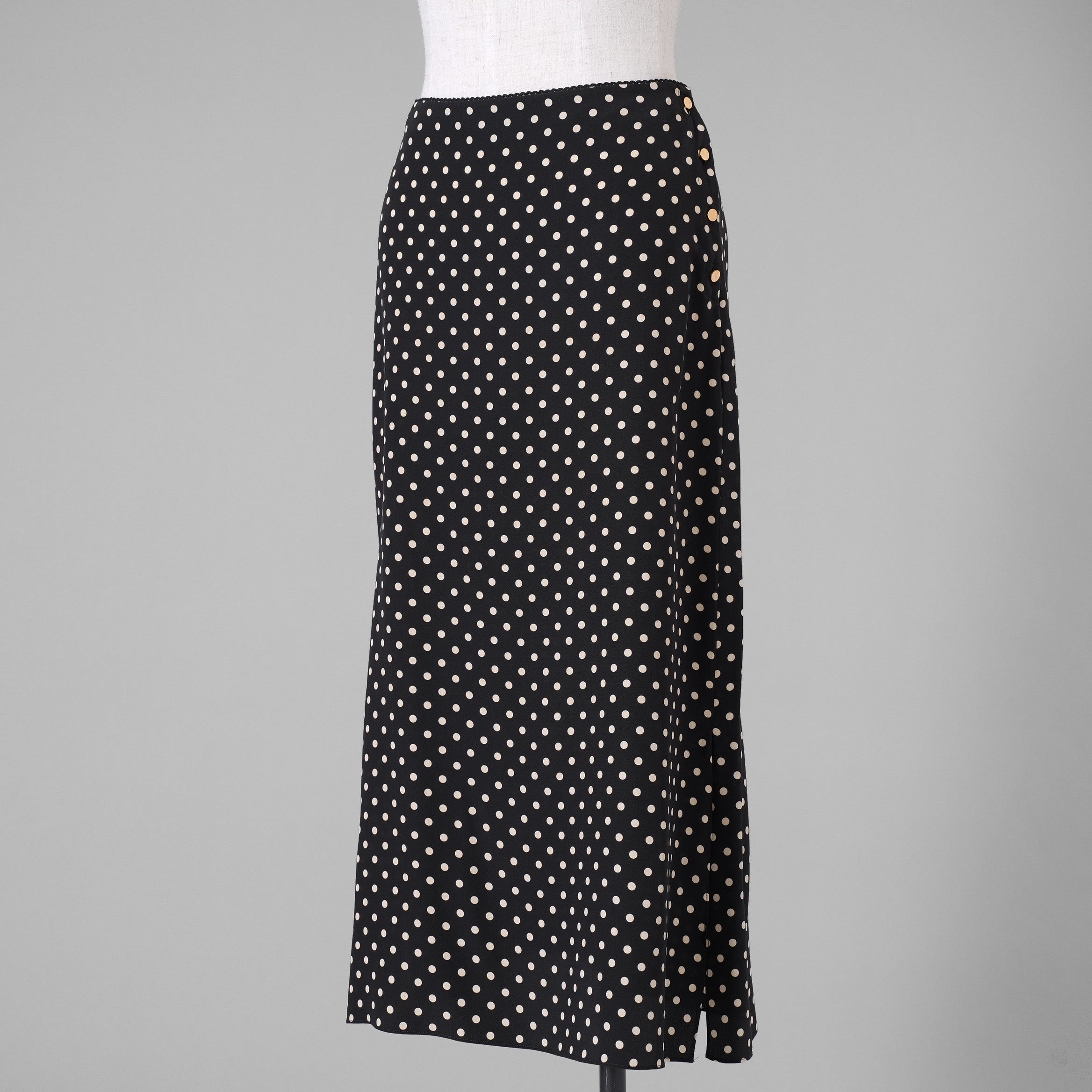 CELINE セリーヌ / 美品 20SS トリオンフボタン シルク ポルカドット柄  ロングスカート サイドスリット / 2J331966H / size 36 (BLACK) レディース