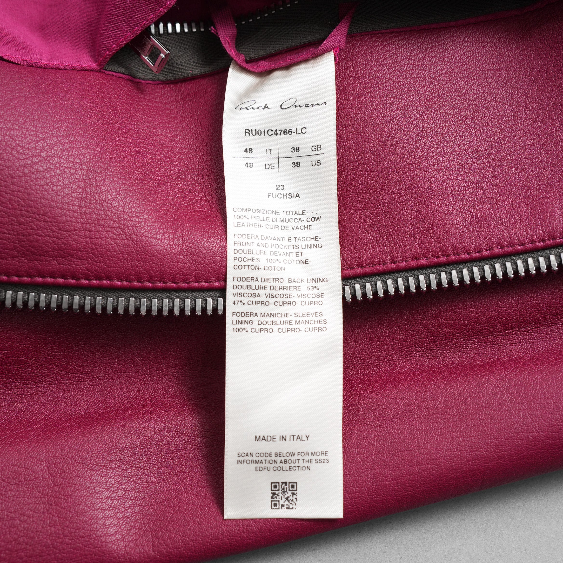 RICK OWENS リックオウエンス / 美品 23SS EDFU / Brad Leather Jacket レザージャケット / RU01C4766-LC / size 48 (FUCHSIA)