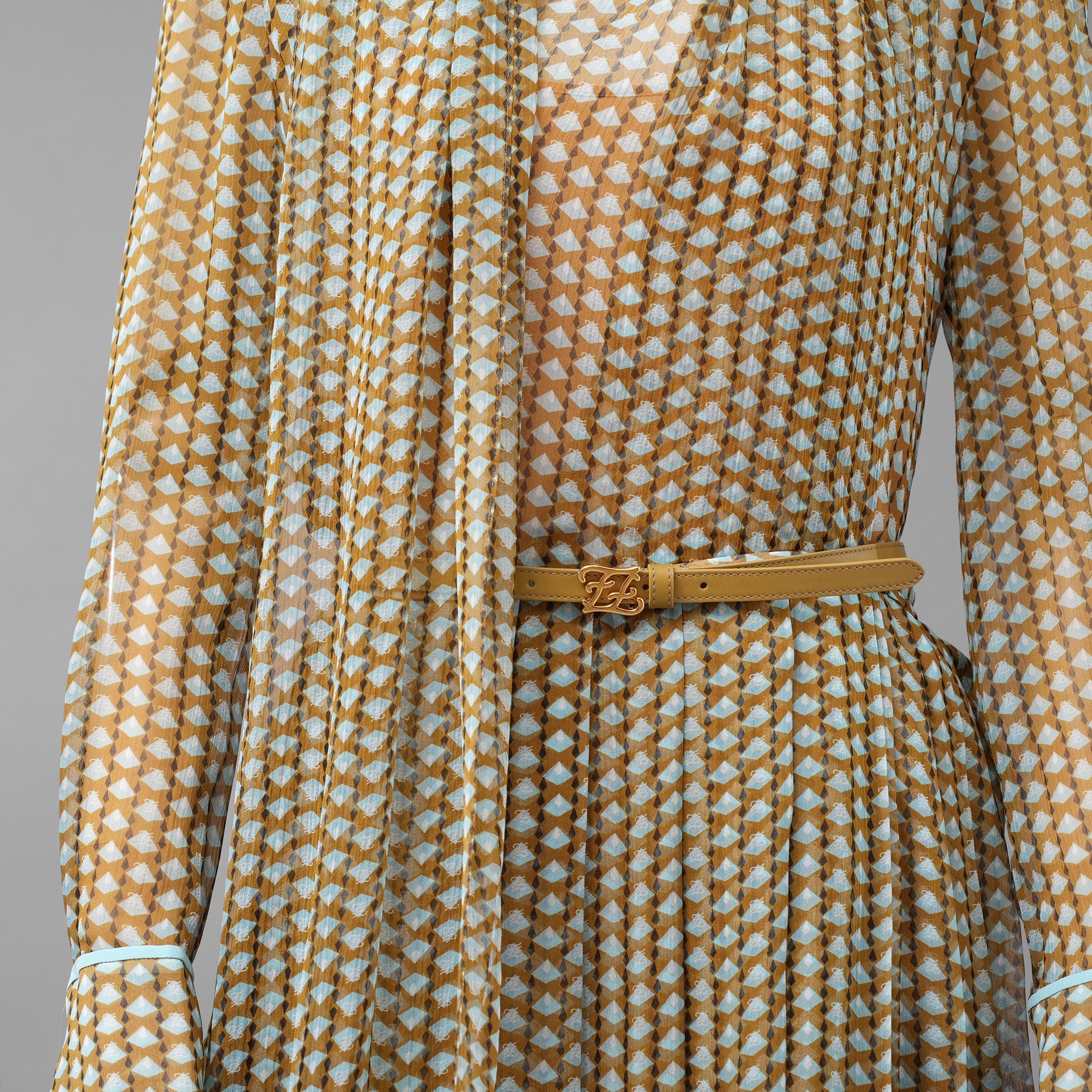 FENDI フェンディ /美品 20SS Belted Draped Pleated Printed Silk-Chiffon Midi Dress ベルト付き プリント シルクシフォン ミディドレス ワンピース/ FDA651 A5XF / size 40 (OLIVE GREEN) レディース