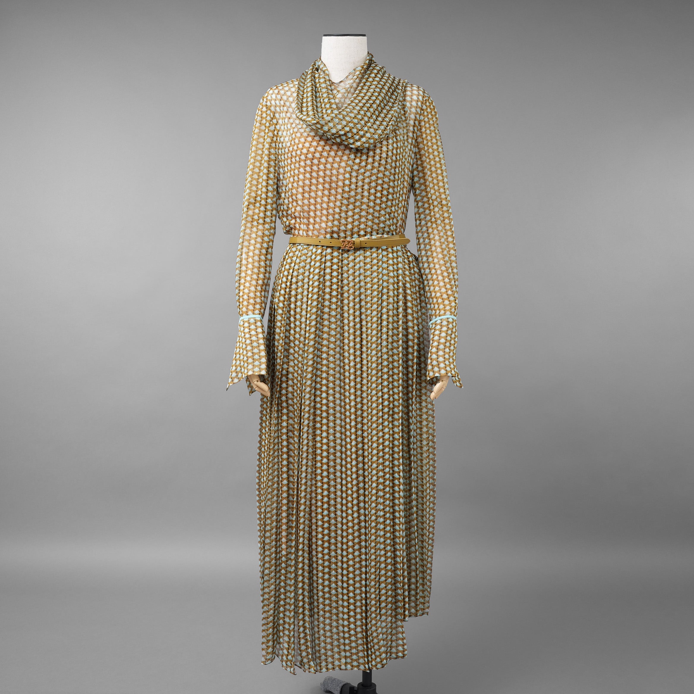 FENDI フェンディ /美品 20SS Belted Draped Pleated Printed Silk-Chiffon Midi Dress ベルト付き プリント シルクシフォン ミディドレス ワンピース/ FDA651 A5XF / size 40 (OLIVE GREEN) レディース