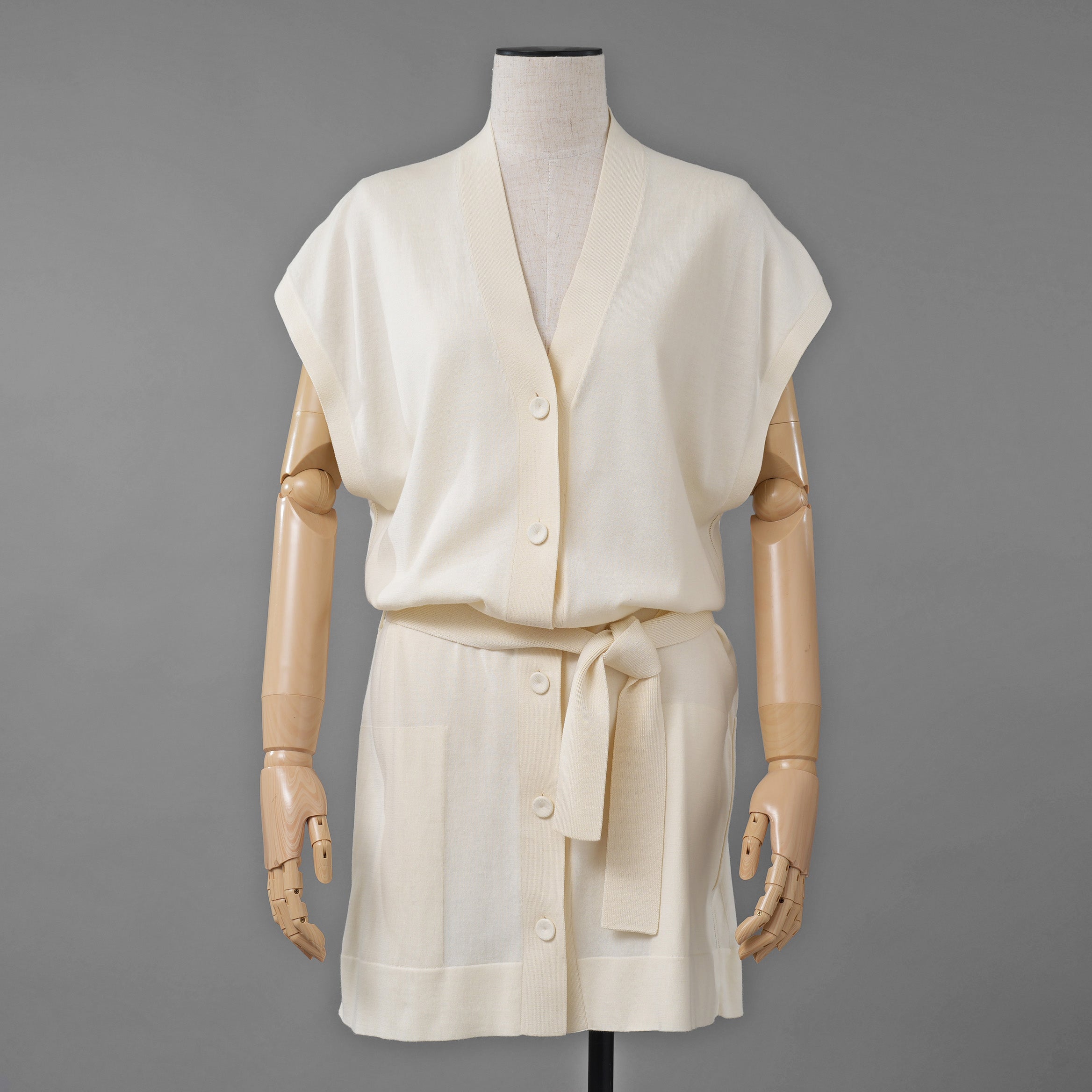 HERMES エルメス / ゴルチエ期 コットンシルク ノースリーブ ロング カーディガン / ニット ワンピース / size 34 (IVORY)