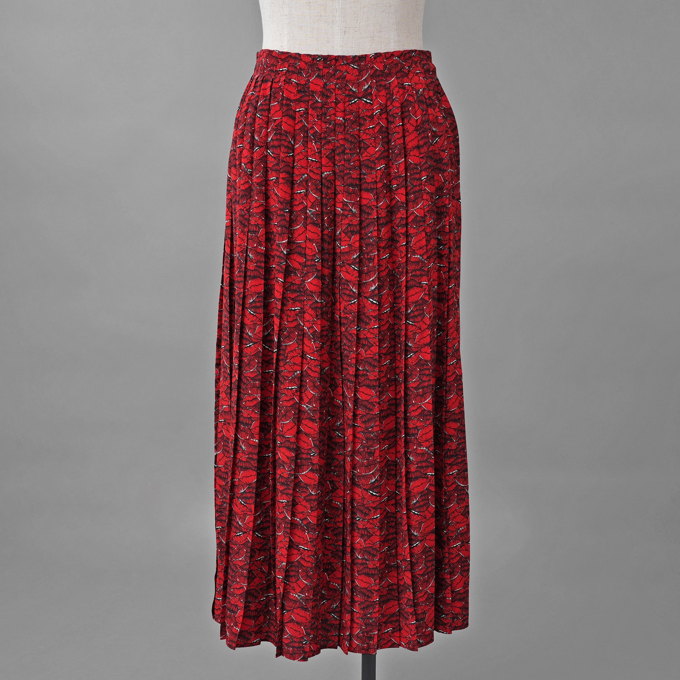 VALENTINO ヴァレンティノ / 美品 21SS シルク100％ リッププリント プリーツ ロングスカート / VB3RA74062W / size 38 (RED) レディース