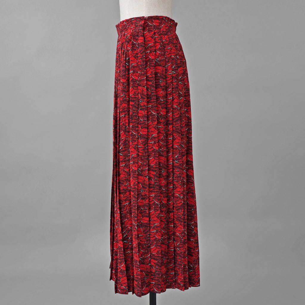 VALENTINO ヴァレンティノ / 美品 21SS シルク100％ リッププリント プリーツ ロングスカート / VB3RA74062W / size 38 (RED) レディース
