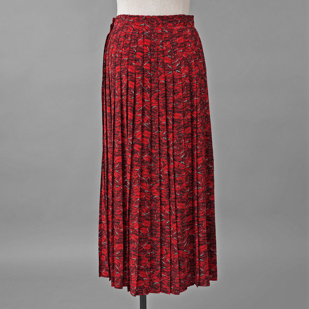 VALENTINO ヴァレンティノ / 美品 21SS シルク100％ リッププリント プリーツ ロングスカート / VB3RA74062W / size 38 (RED) レディース