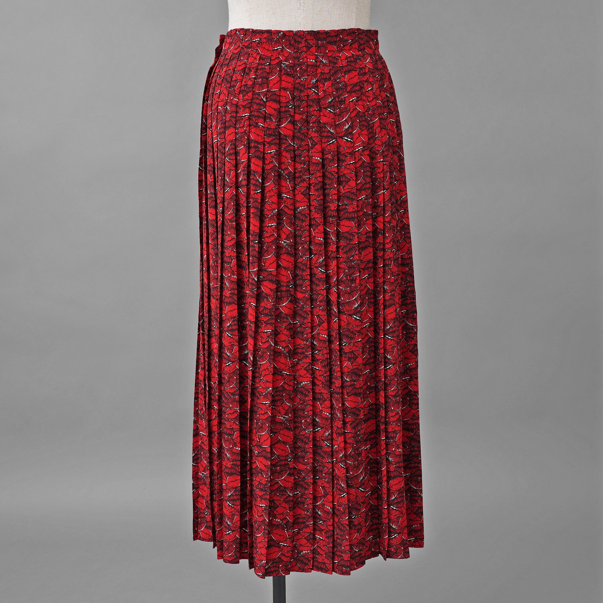 VALENTINO ヴァレンティノ / 美品 21SS シルク100％ リッププリント プリーツ ロングスカート / VB3RA74062W / size 38 (RED) レディース