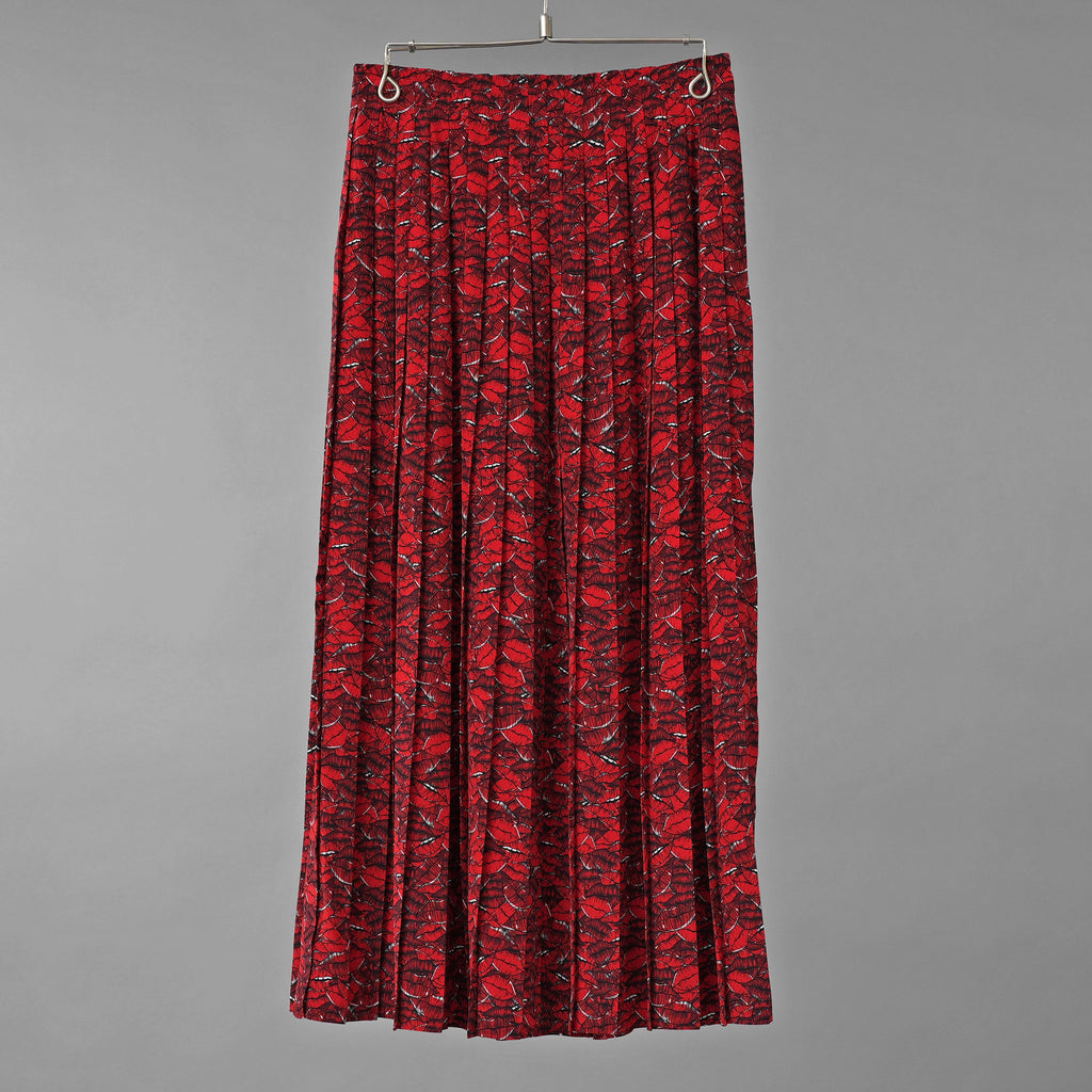 VALENTINO ヴァレンティノ / 美品 21SS シルク100％ リッププリント プリーツ ロングスカート / VB3RA74062W / size 38 (RED) レディース