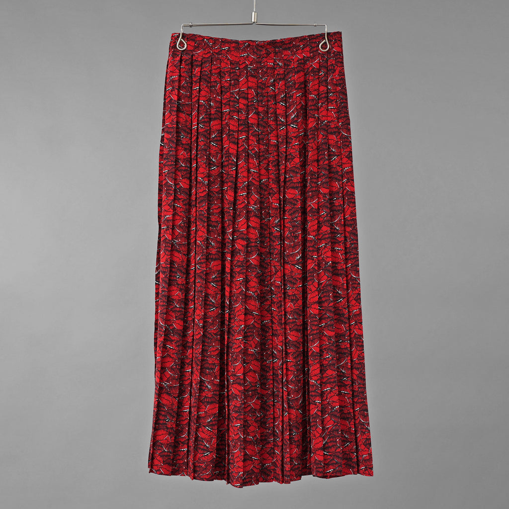 VALENTINO ヴァレンティノ / 美品 21SS シルク100％ リッププリント プリーツ ロングスカート / VB3RA74062W / size 38 (RED) レディース