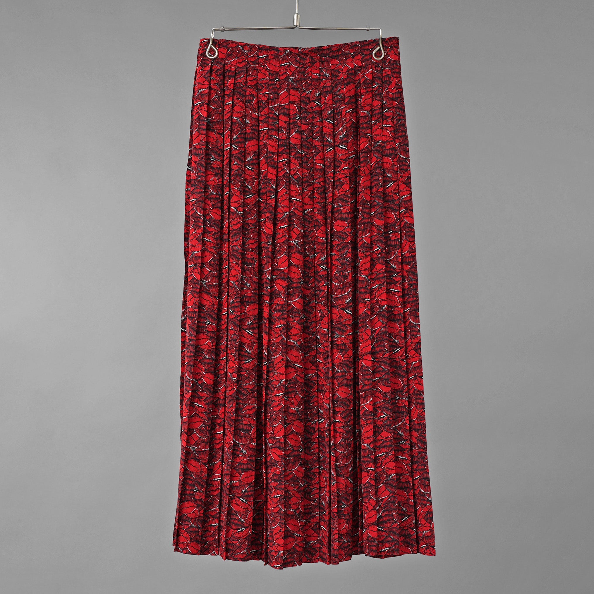 VALENTINO ヴァレンティノ / 美品 21SS シルク100％ リッププリント プリーツ ロングスカート / VB3RA74062W / size 38 (RED) レディース