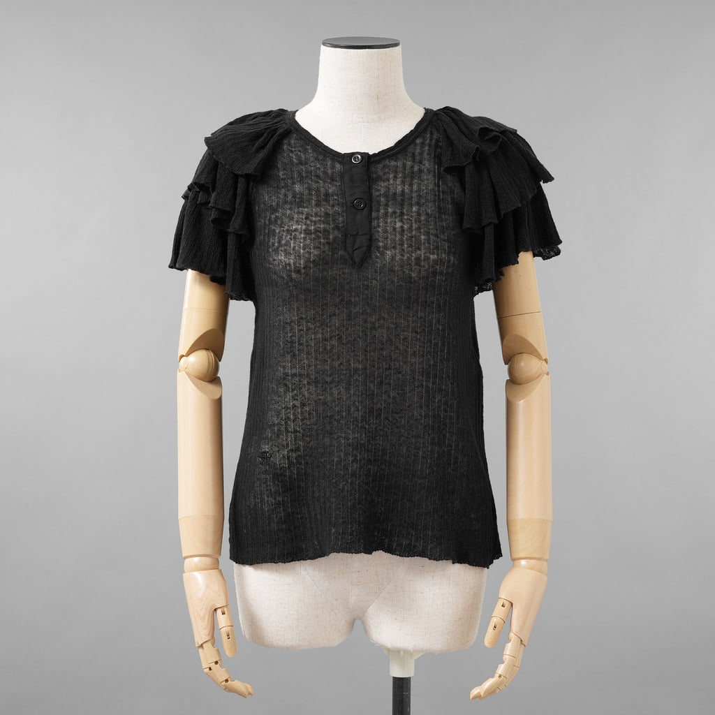 Christian Dior クリスチャンディオール / 美品 23AW Bee刺繍 フリル袖 リネンニット トップス / 324T03AM710 / size 44 (BLACK) レディース