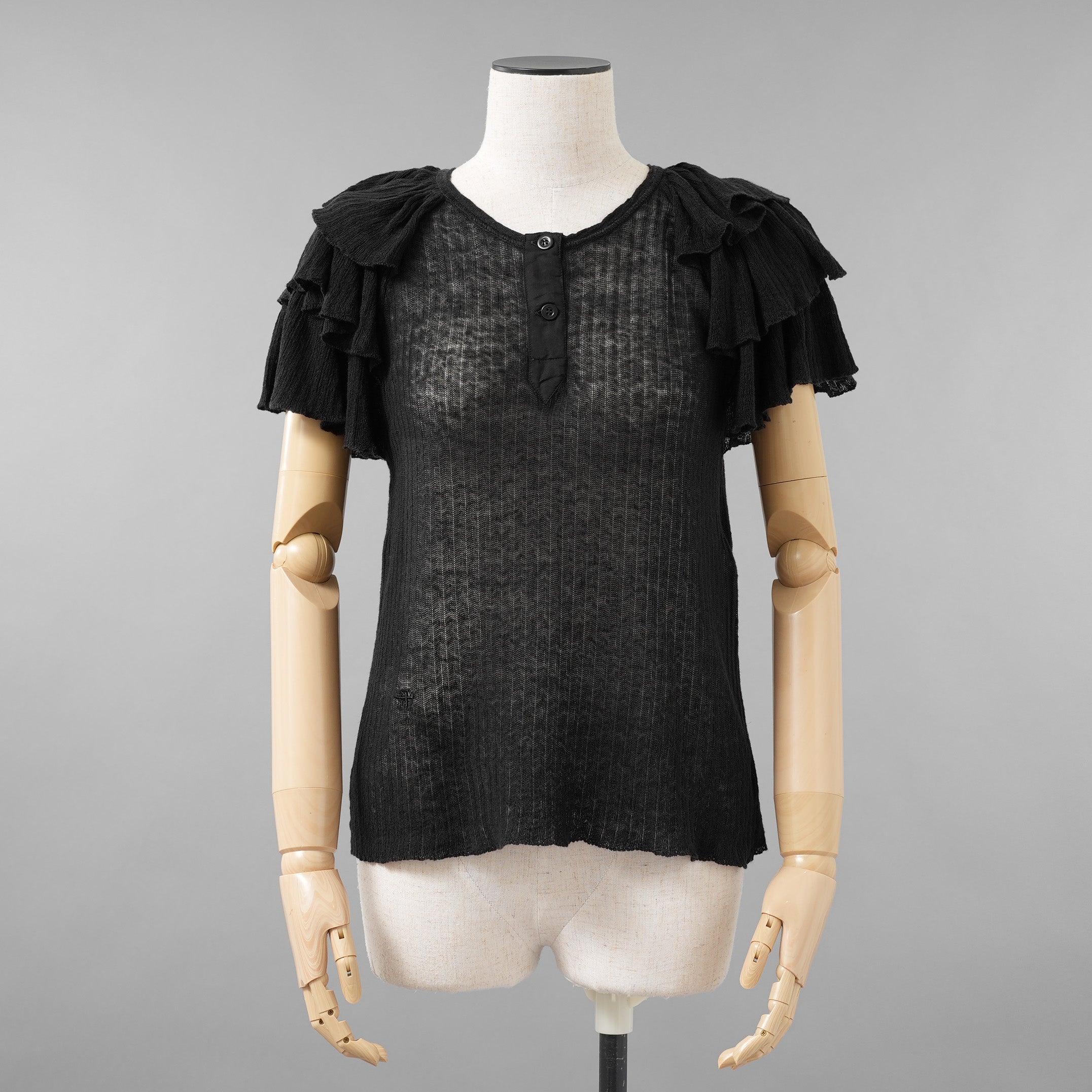 Christian Dior クリスチャンディオール / 美品 23AW Bee刺繍 フリル袖 リネンニット トップス / 324T03AM710 / size 44 (BLACK) レディース