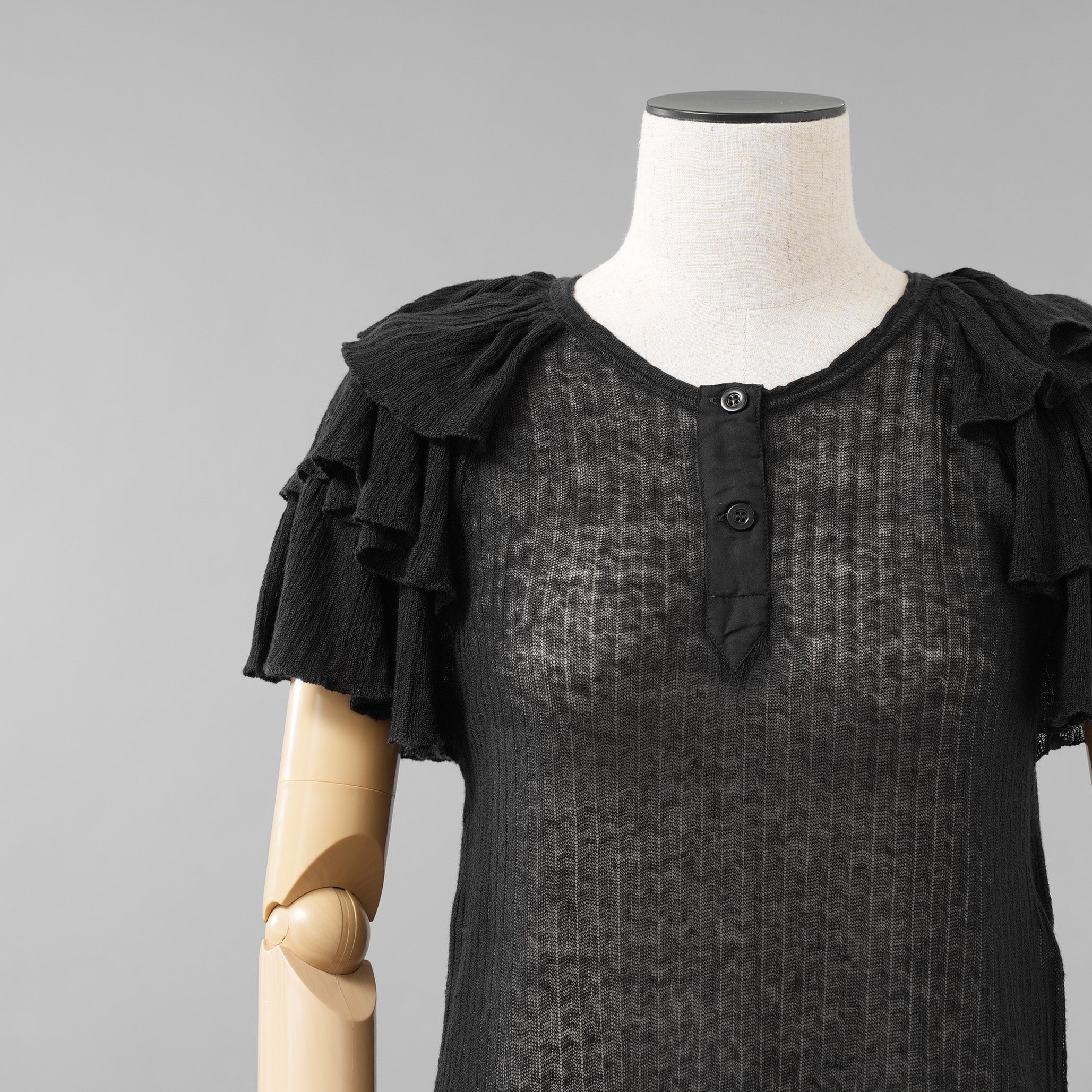 Christian Dior クリスチャンディオール / 美品 23AW Bee刺繍 フリル袖 リネンニット トップス / 324T03AM710 / size 44 (BLACK) レディース