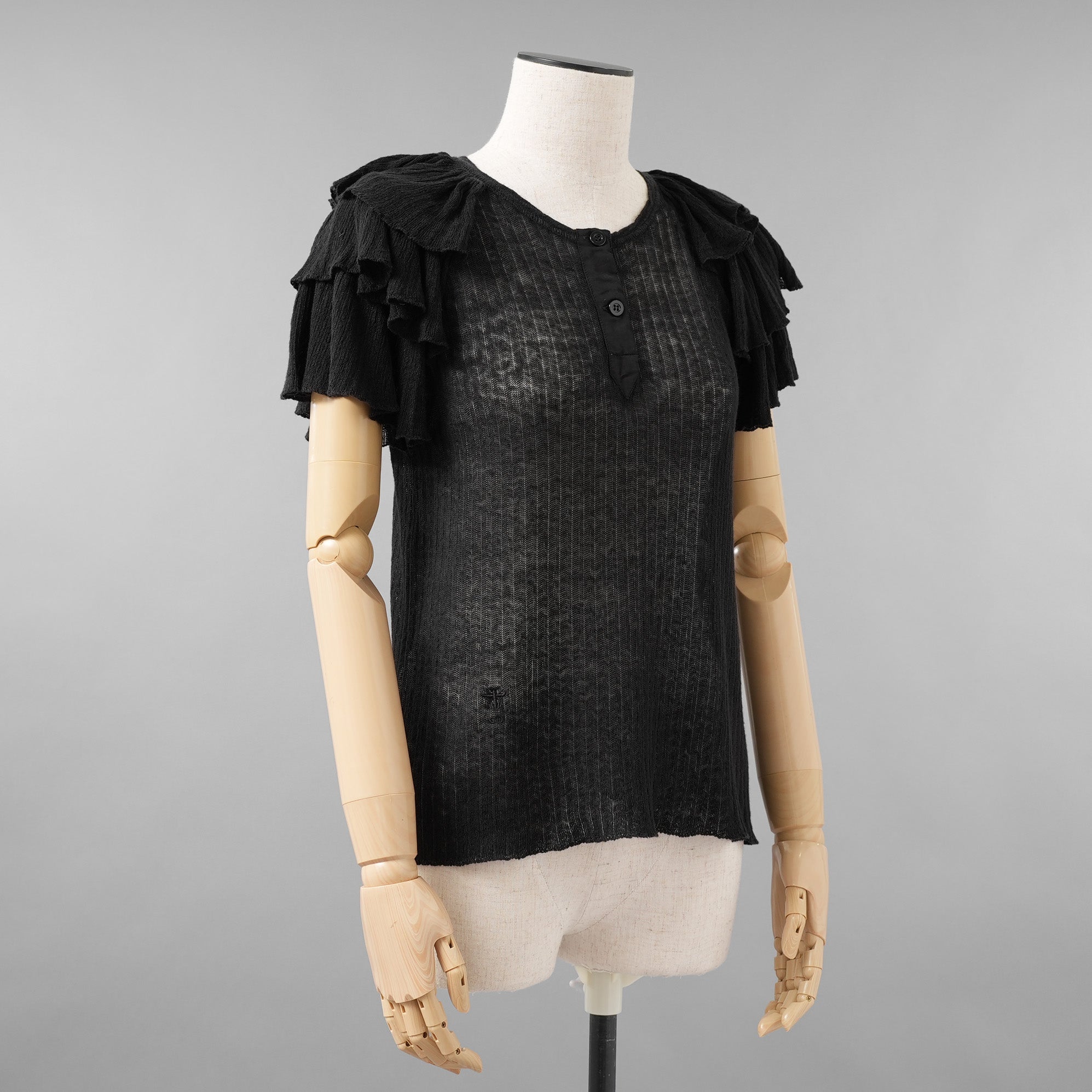 Christian Dior クリスチャンディオール / 美品 23AW Bee刺繍 フリル袖 リネンニット トップス / 324T03AM710 / size 44 (BLACK) レディース