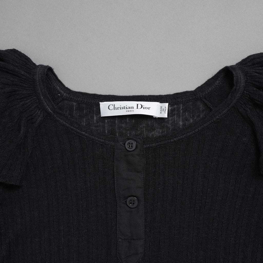 Christian Dior クリスチャンディオール / 美品 23AW Bee刺繍 フリル袖 リネンニット トップス / 324T03AM710 / size 44 (BLACK) レディース
