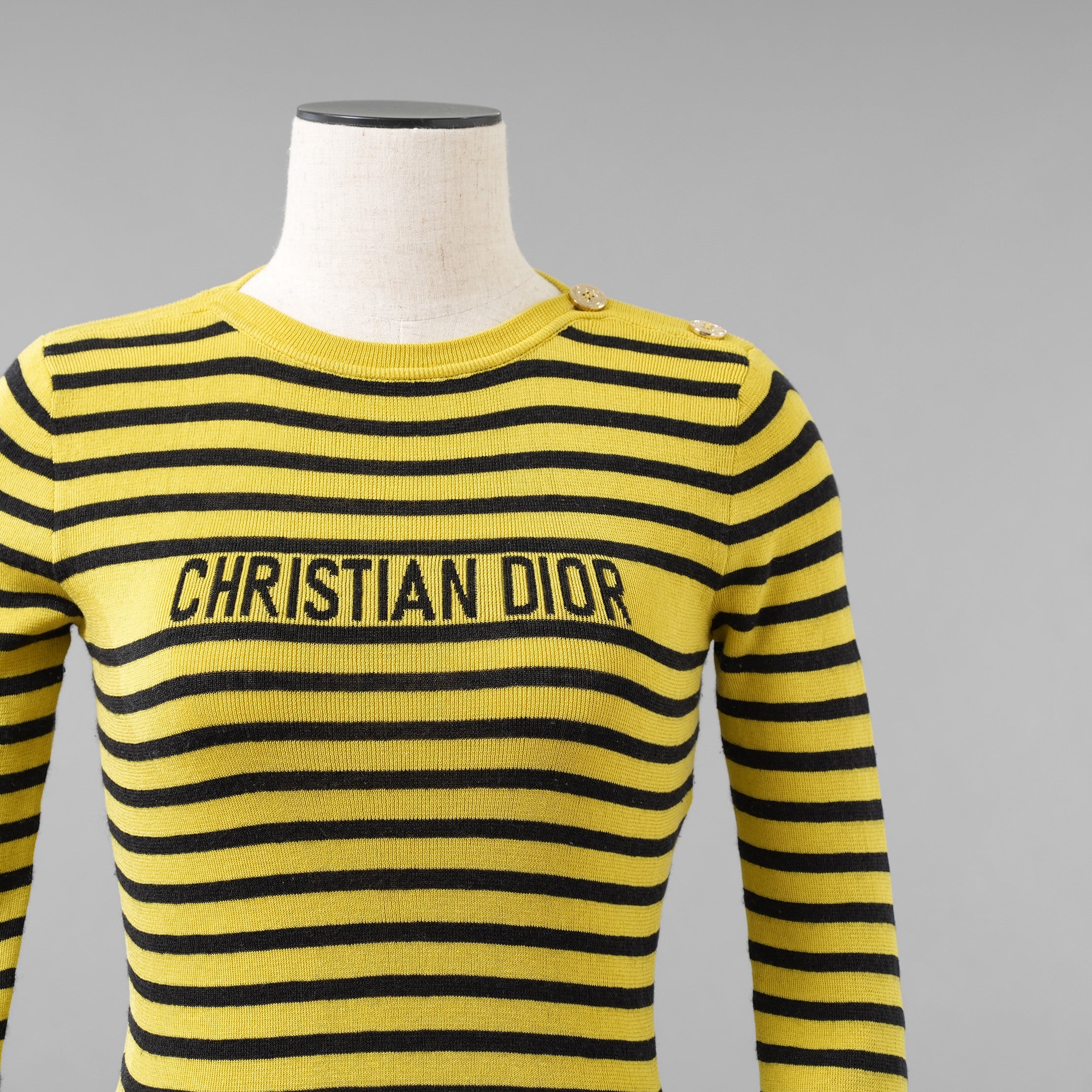 Christian Dior クリスチャンディオール / 美品 23AW ロゴ ボーダー タイト ニット セーター / 344S97AM729 / size 42 (YELLOW x BLACK) レディース