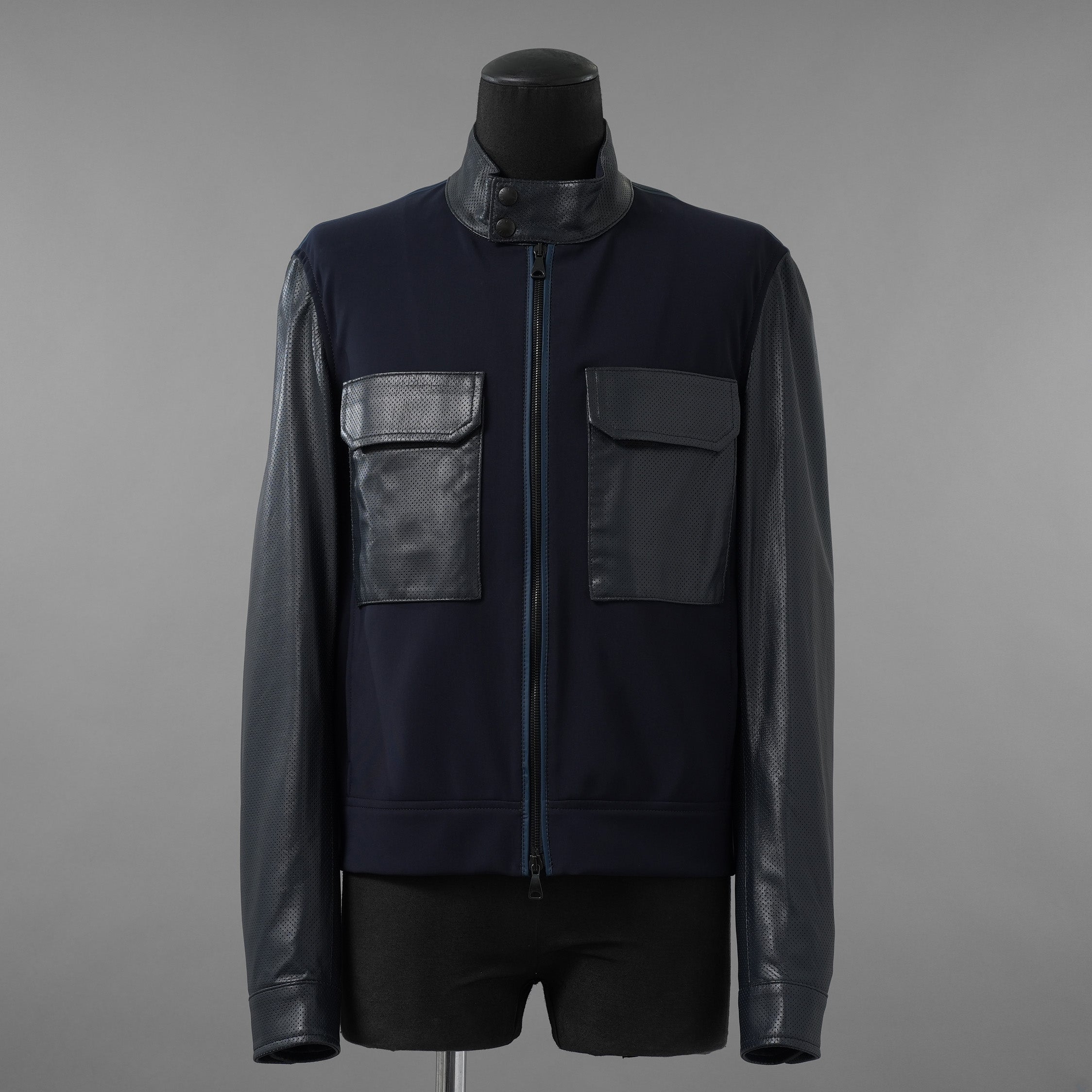 LANVIN COLLECTION x EMMETI ランバンコレクション エンメティ コラボ / 美品 23SS TALBOT パンチングレザー 切替 ライダースジャケット / size 48 (NAVY)