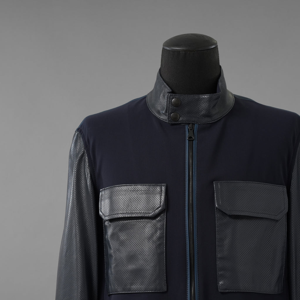 LANVIN COLLECTION x EMMETI ランバンコレクション エンメティ コラボ / 美品 23SS TALBOT パンチングレザー 切替 ライダースジャケット / size 48 (NAVY)