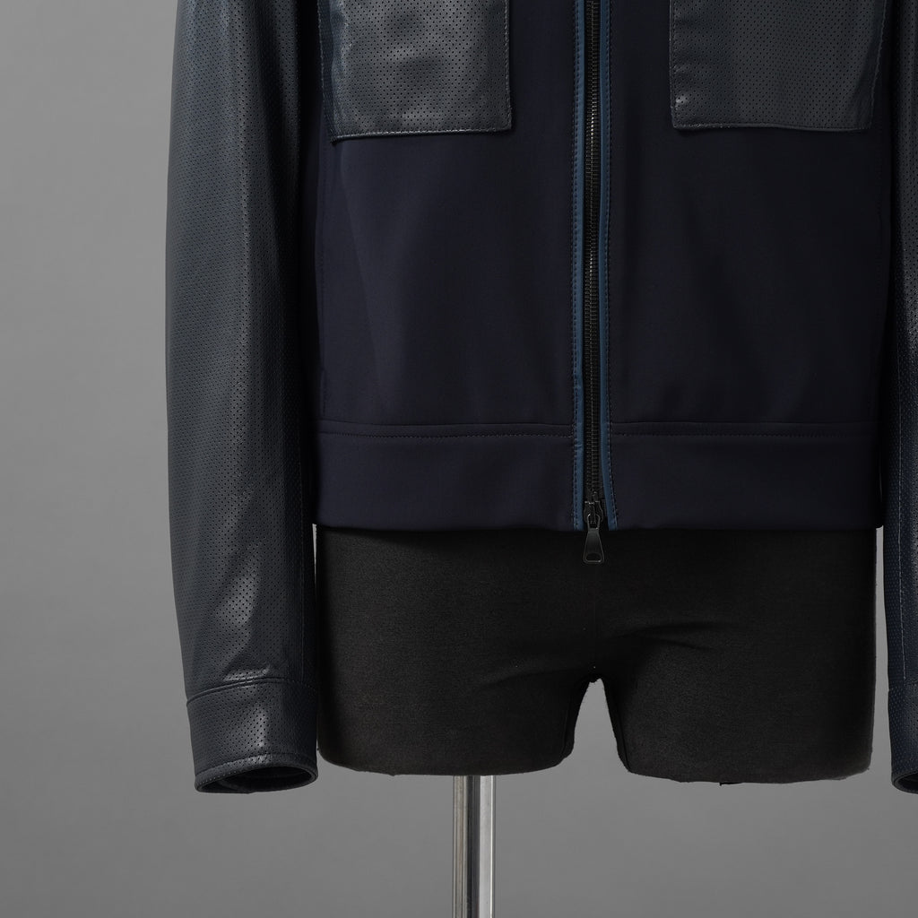 LANVIN COLLECTION x EMMETI ランバンコレクション エンメティ コラボ / 美品 23SS TALBOT パンチングレザー 切替 ライダースジャケット / size 48 (NAVY)