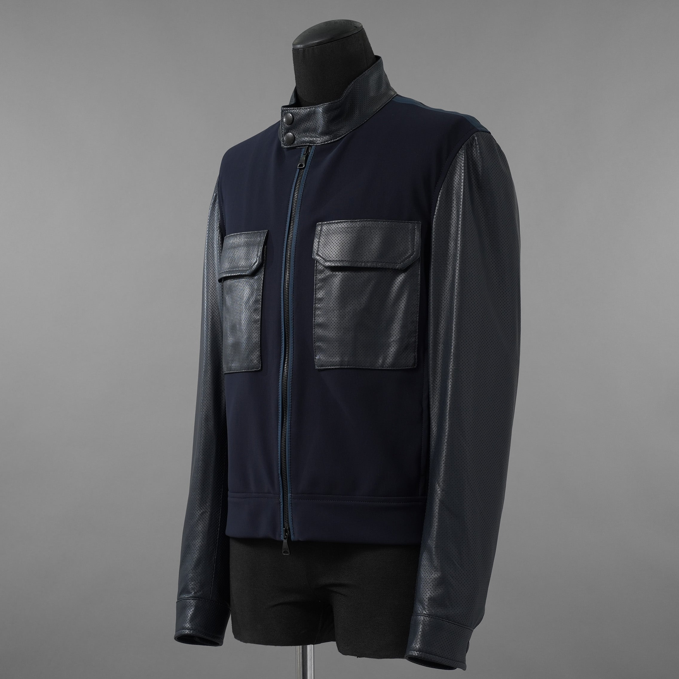 LANVIN COLLECTION x EMMETI ランバンコレクション エンメティ コラボ / 美品 23SS TALBOT パンチングレザー 切替 ライダースジャケット / size 48 (NAVY)