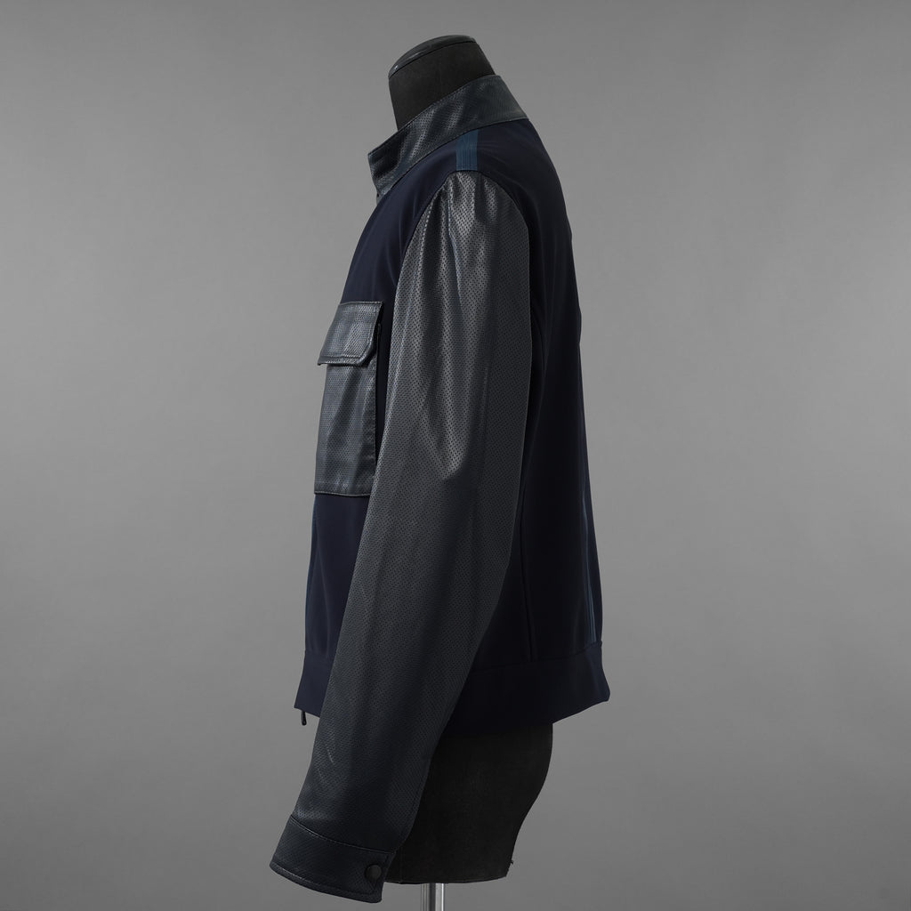 LANVIN COLLECTION x EMMETI ランバンコレクション エンメティ コラボ / 美品 23SS TALBOT パンチングレザー 切替 ライダースジャケット / size 48 (NAVY)