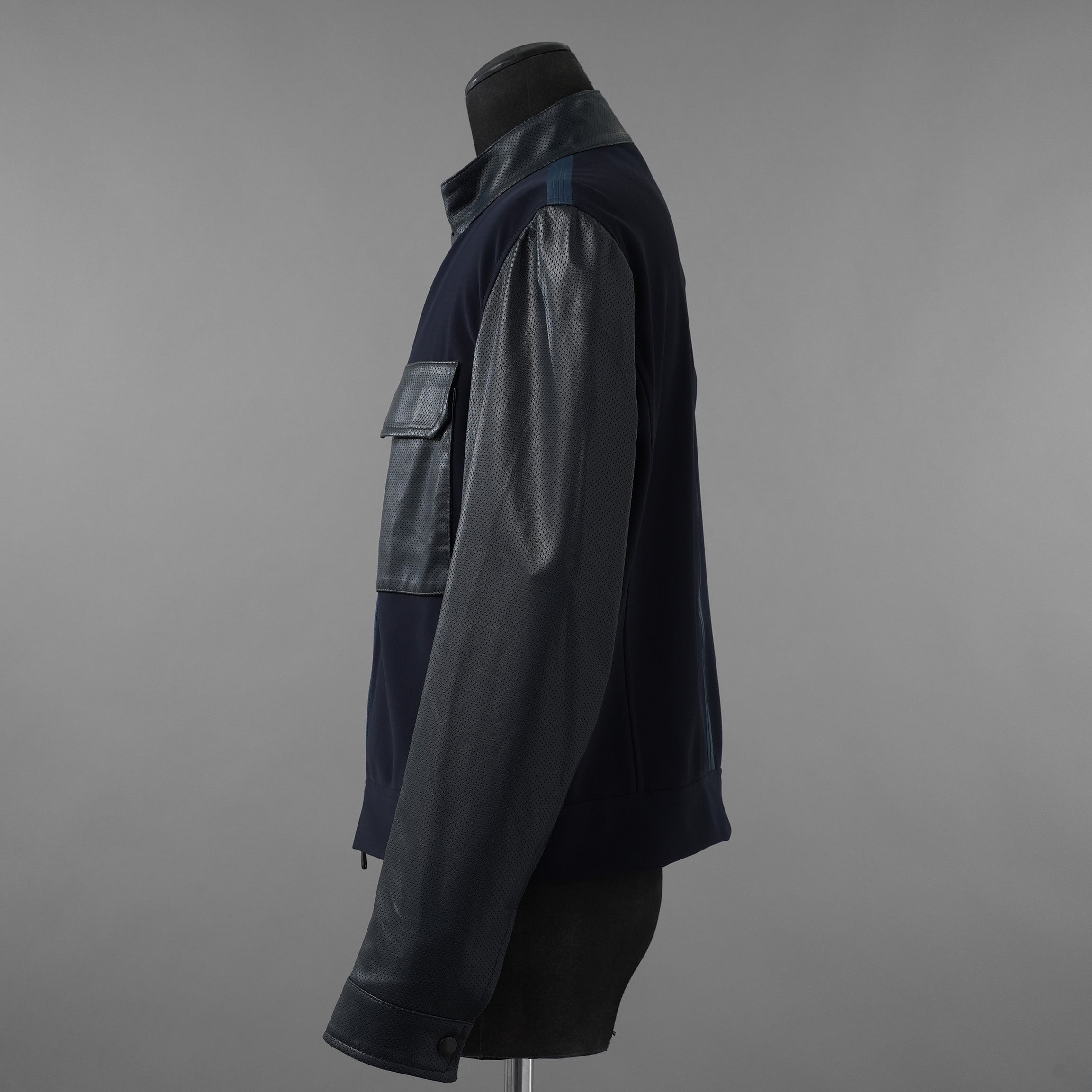 LANVIN COLLECTION x EMMETI ランバンコレクション エンメティ コラボ / 美品 23SS TALBOT パンチングレザー 切替 ライダースジャケット / size 48 (NAVY)