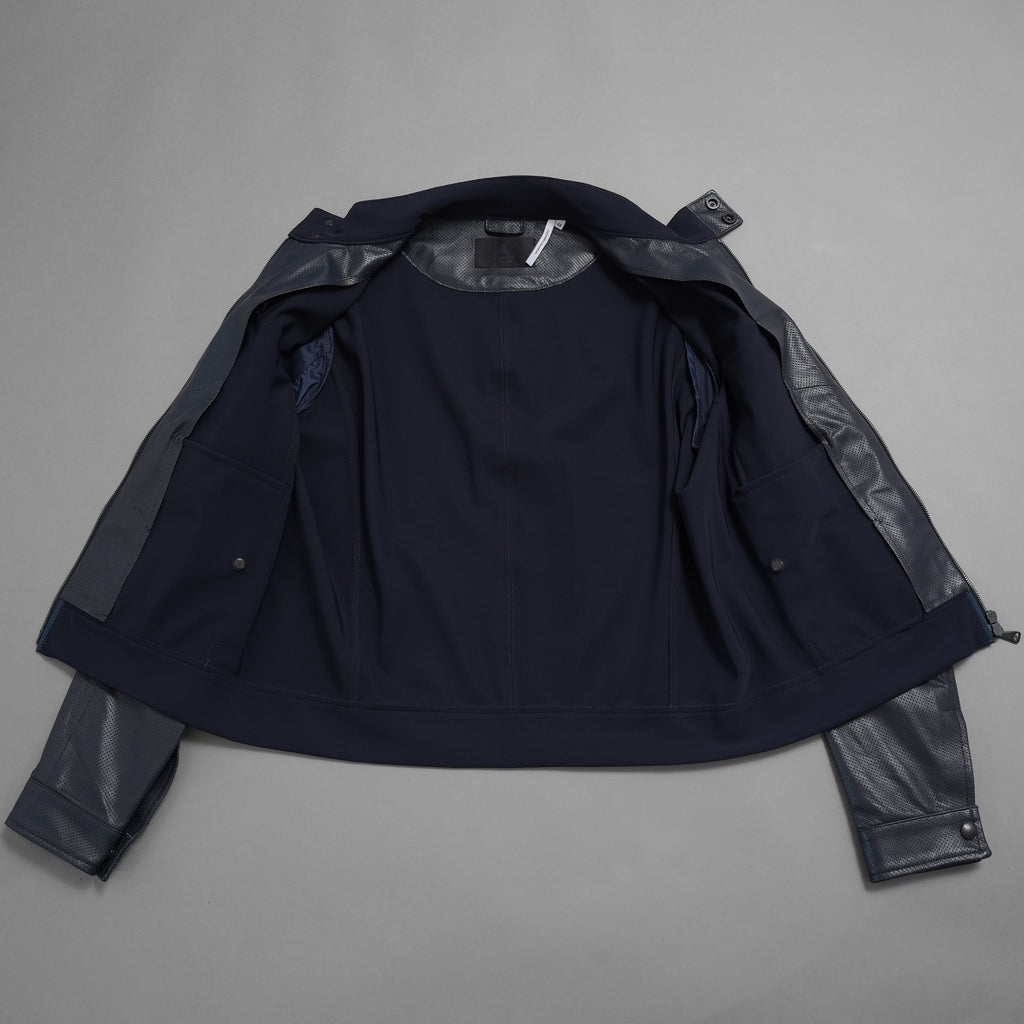 LANVIN COLLECTION x EMMETI ランバンコレクション エンメティ コラボ / 美品 23SS TALBOT パンチングレザー 切替 ライダースジャケット / size 48 (NAVY)