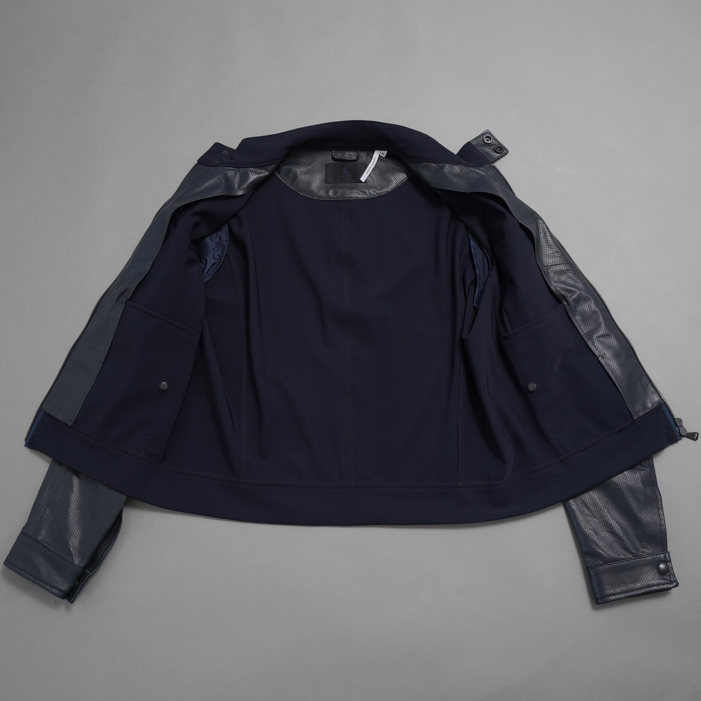 LANVIN COLLECTION x EMMETI ランバンコレクション エンメティ コラボ / 美品 23SS TALBOT パンチングレザー 切替 ライダースジャケット / size 48 (NAVY)