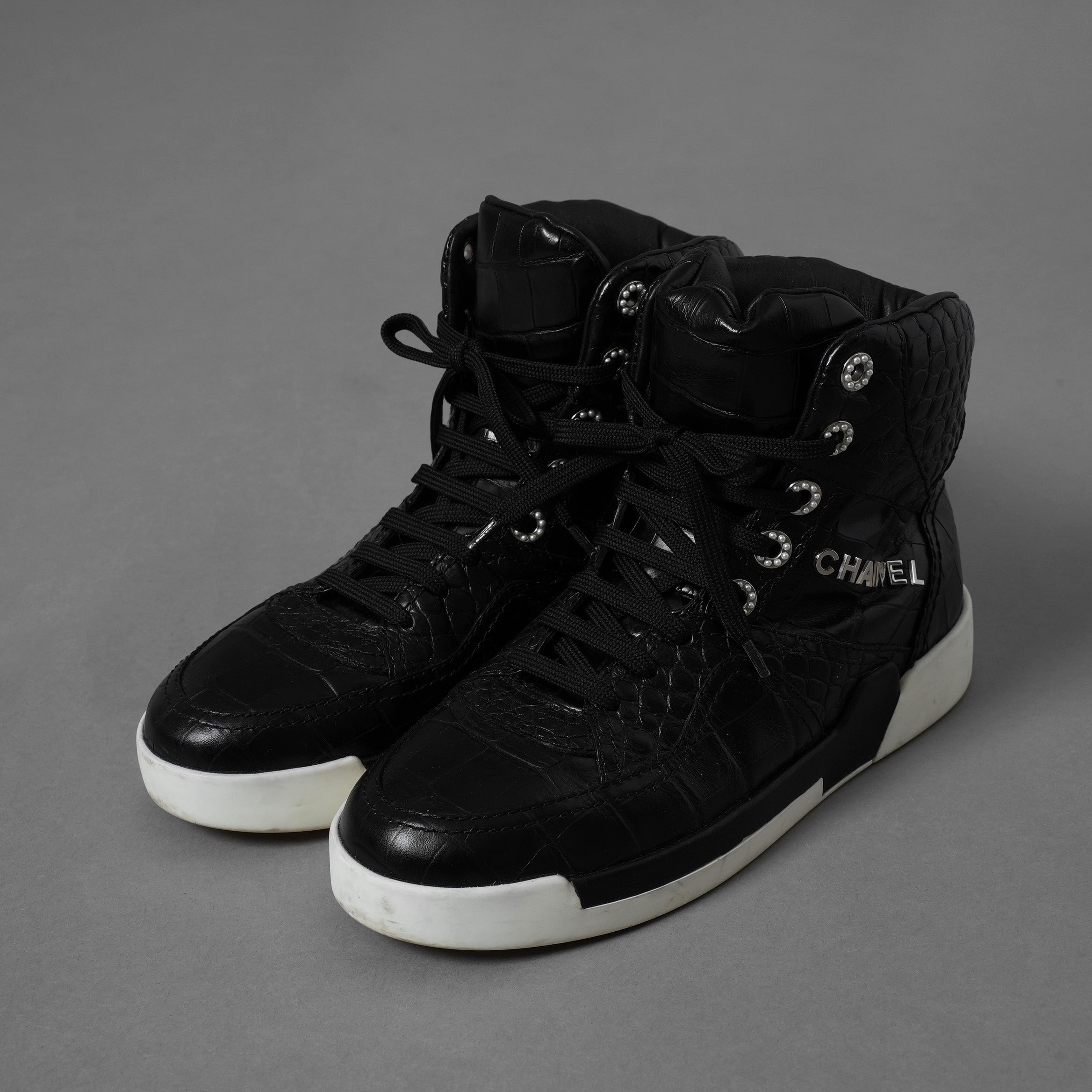 CHANEL シャネル / 19AW クロコ型押し カーフスキン ハイカット スニーカー / G35079 / size 37.5 (24.5cm) BLACK レディース 352078-izm