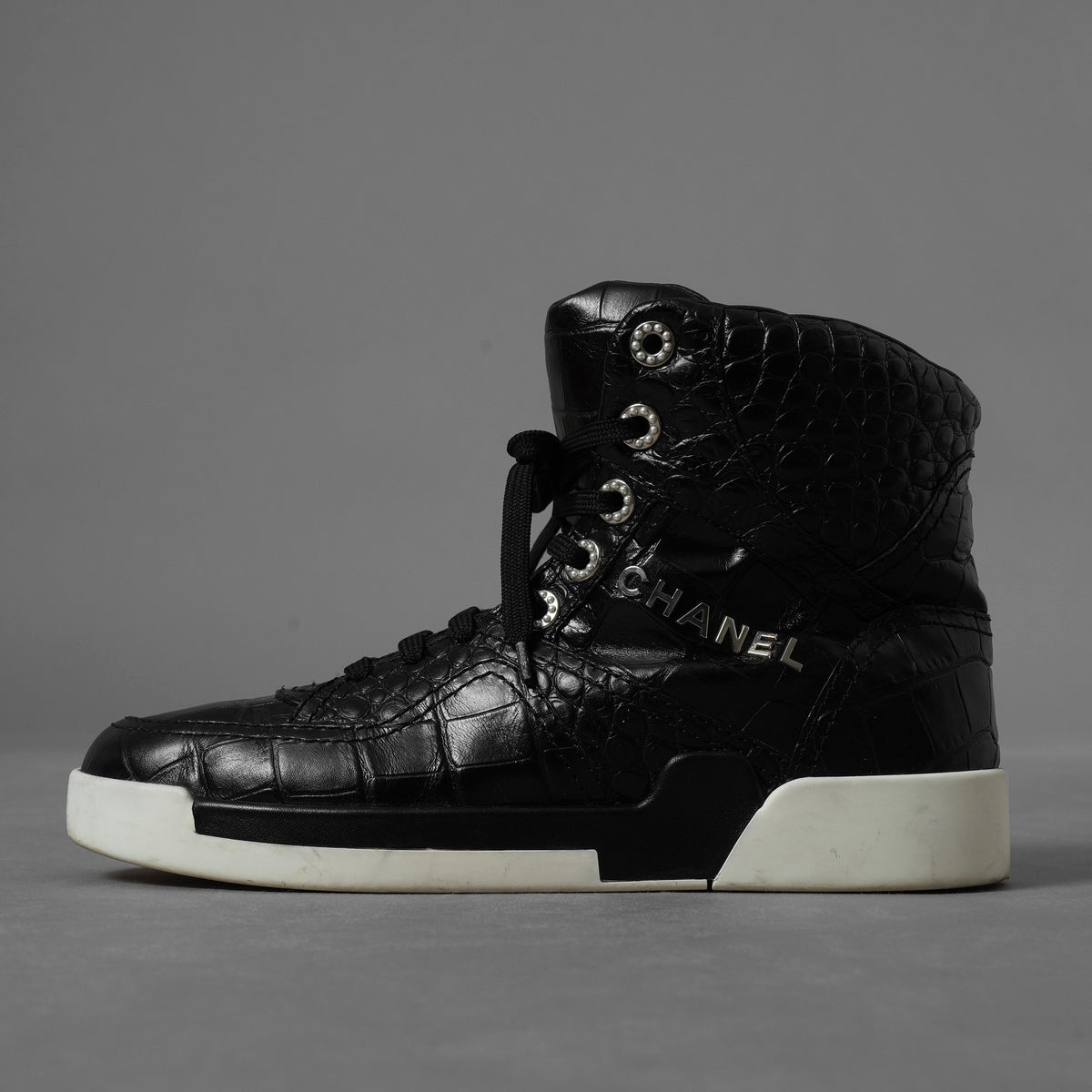CHANEL シャネル / 19AW クロコ型押し カーフスキン ハイカット スニーカー / G35079 / size 37.5 (24.5cm) BLACK レディース 352078-izm