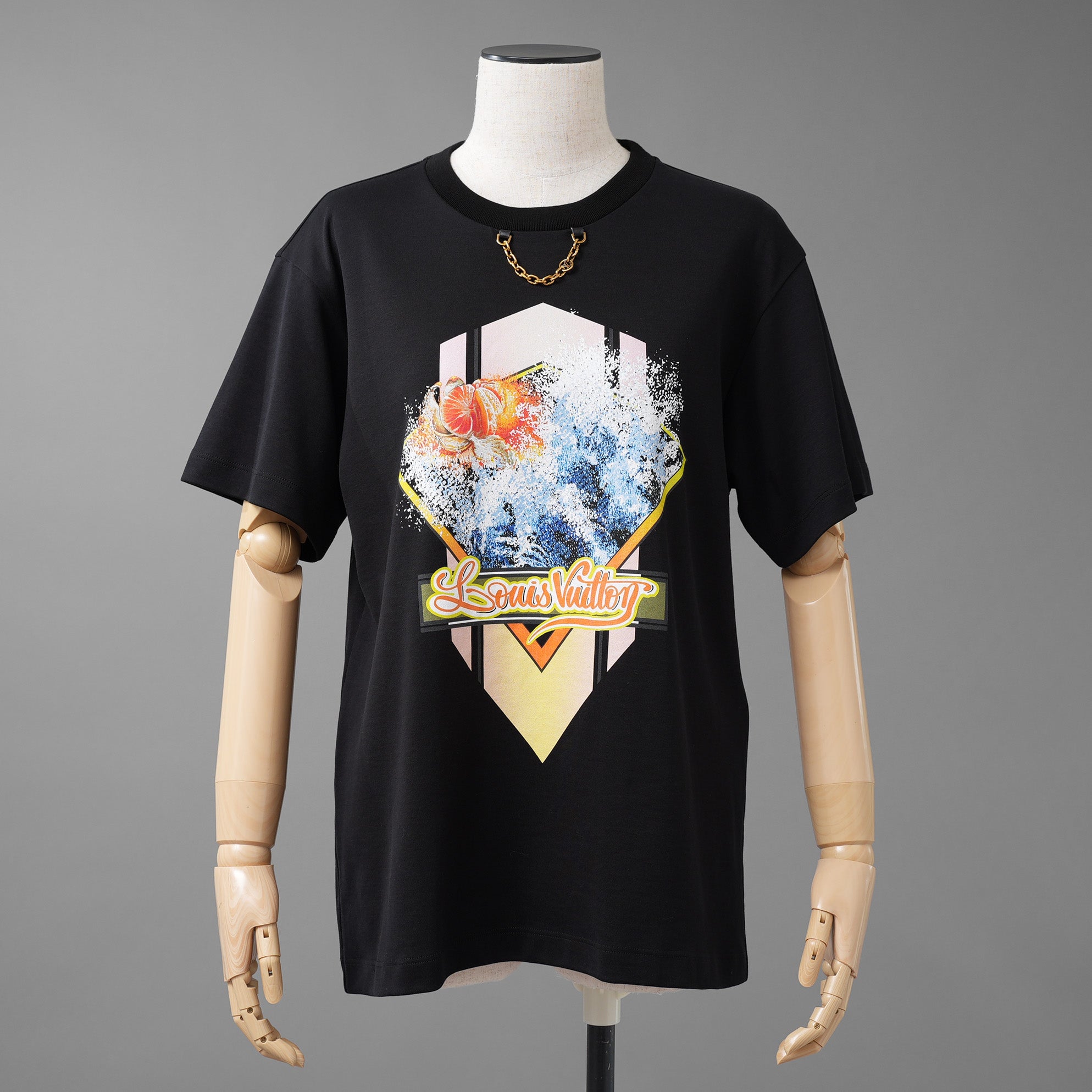 LOUIS VUITTON ルイヴィトン / 美品 20SS タンジェリンプリントTシャツ チェーン 半袖Tシャツ / RW222J N40 FNTS09 / size L (BLACK) レディース