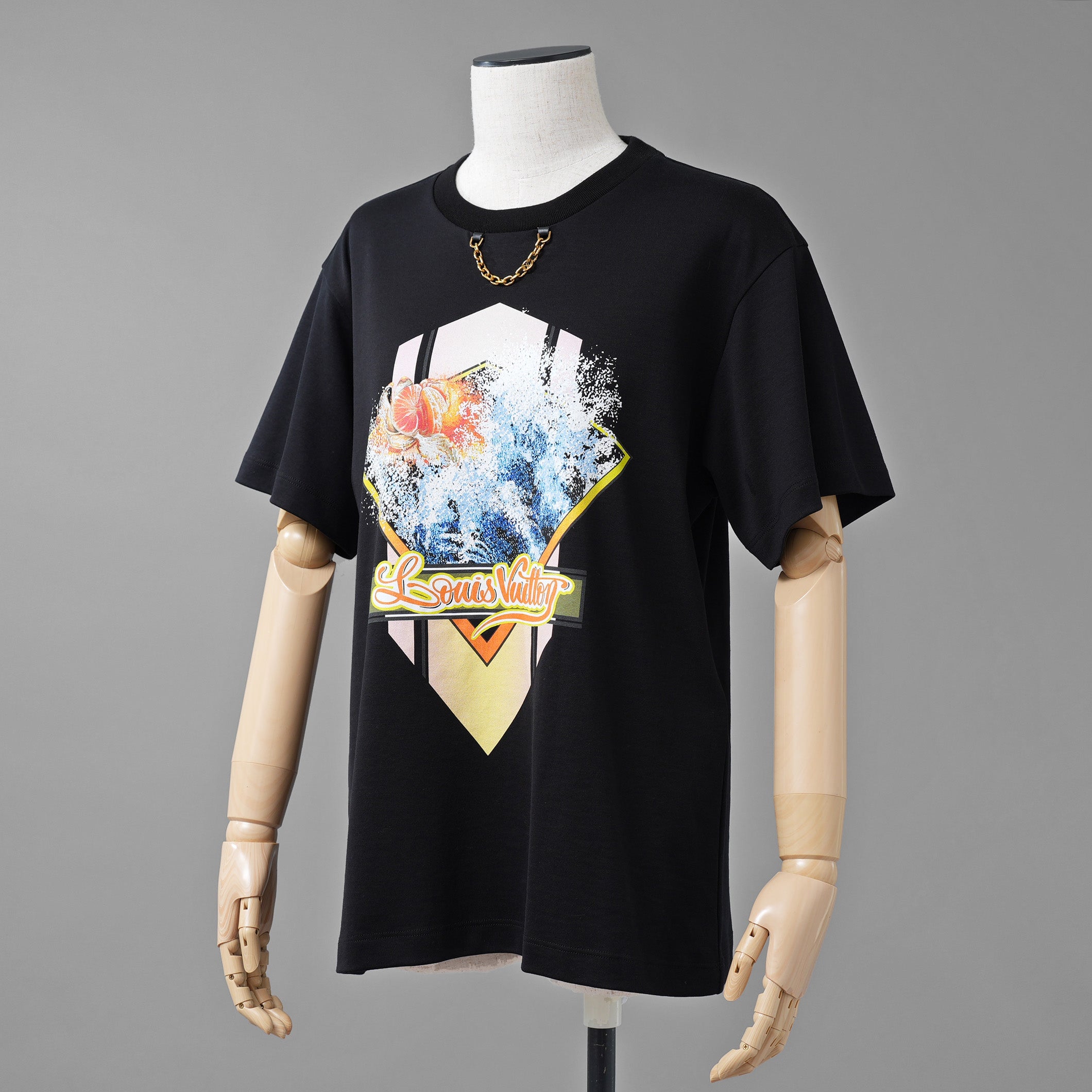 LOUIS VUITTON ルイヴィトン / 美品 20SS タンジェリンプリントTシャツ チェーン 半袖Tシャツ / RW222J N40 FNTS09 / size L (BLACK) レディース