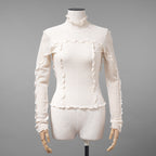 FENDI フェンディ / 美品 22SS シルク シアーチェック柄 フリル ハイネックトップス / 長袖Tシャツ / FZX840 ALAE / size 42 (IVORY)
