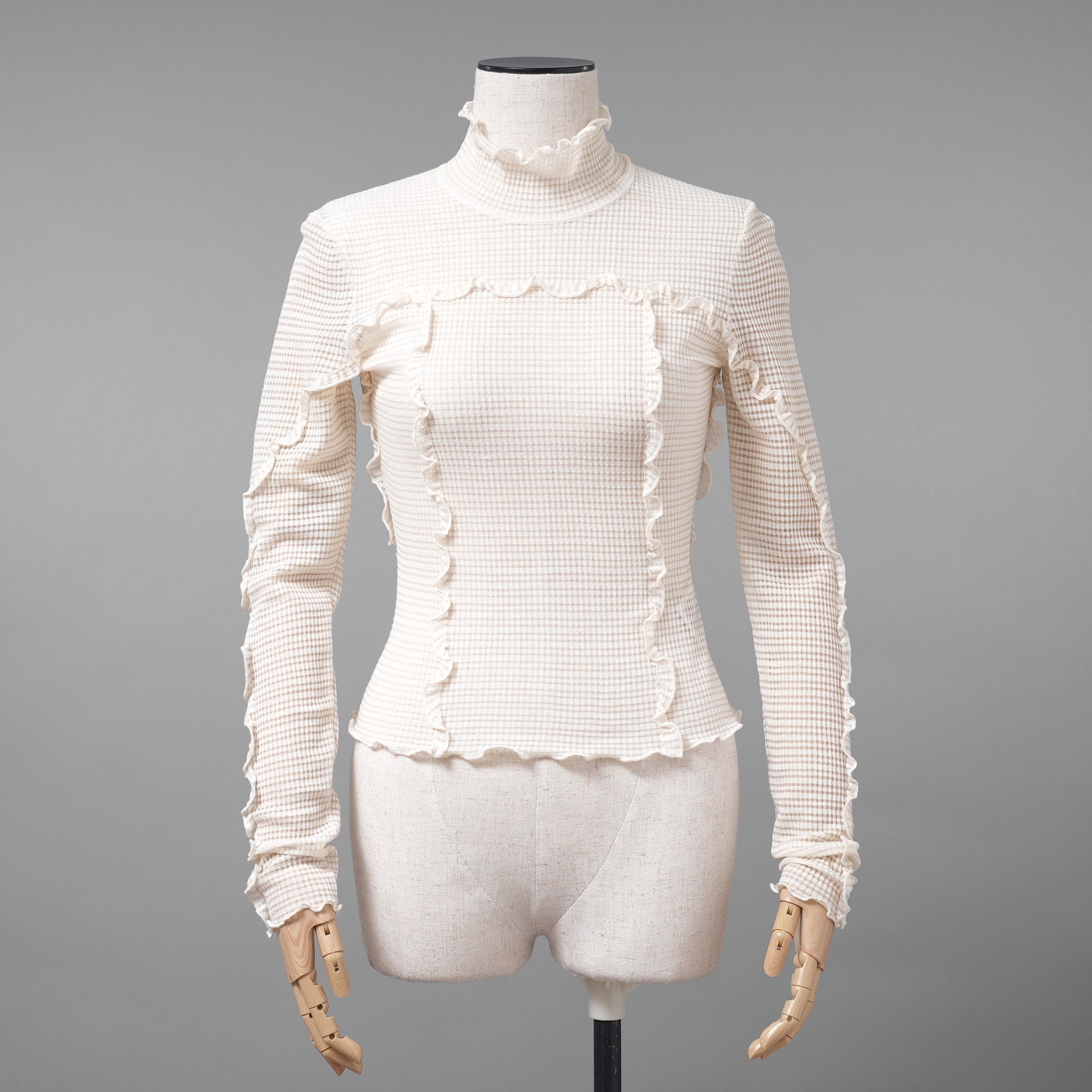 FENDI フェンディ / 美品 22SS シルク シアーチェック柄 フリル ハイネックトップス / 長袖Tシャツ / FZX840 ALAE / size 42 (IVORY)
