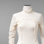 FENDI フェンディ / 美品 22SS シルク シアーチェック柄 フリル ハイネックトップス / 長袖Tシャツ / FZX840 ALAE / size 42 (IVORY)